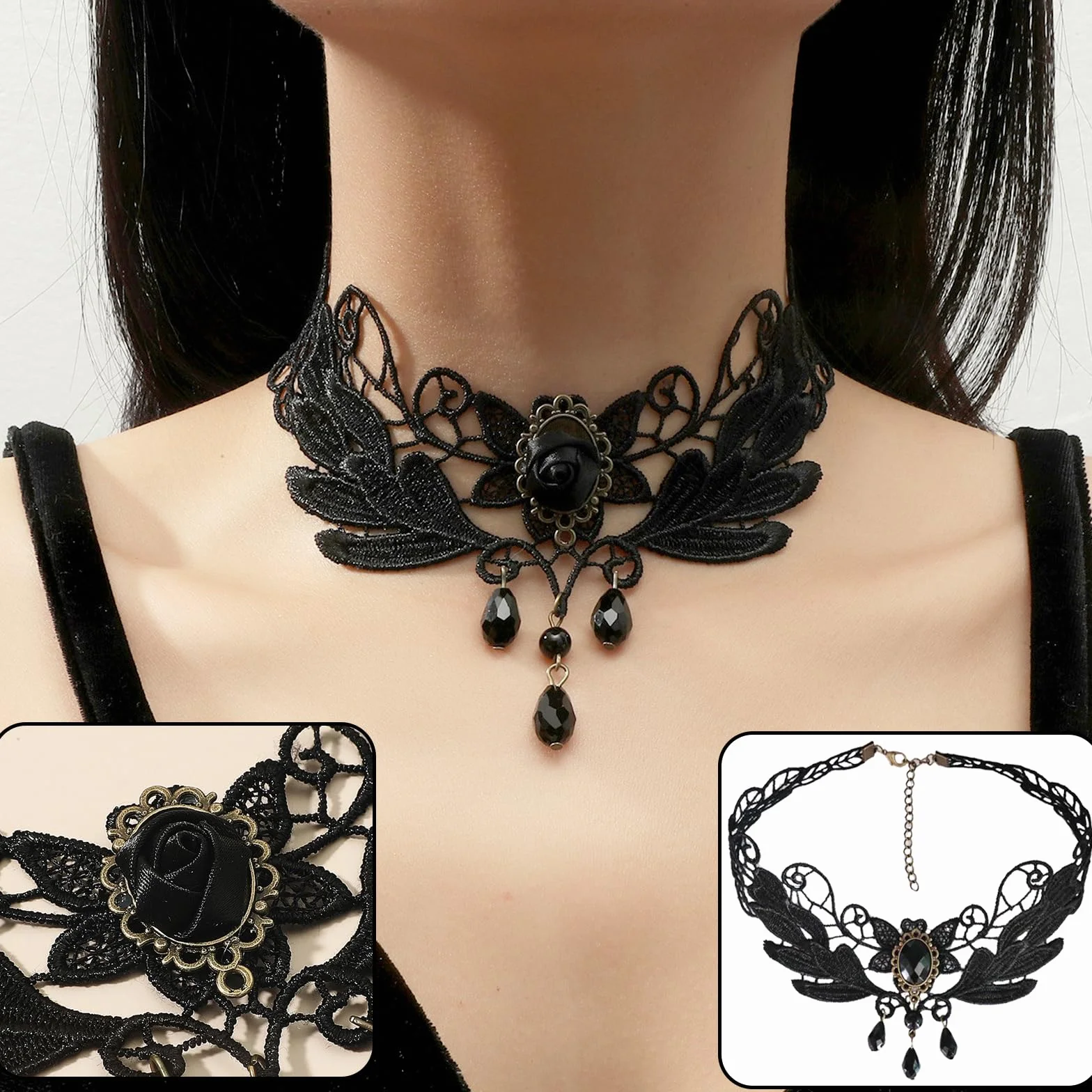 Girocollo in Pizzo Nero 6 Pezzi Choker Donna Collana Vintage Accessori Halloween