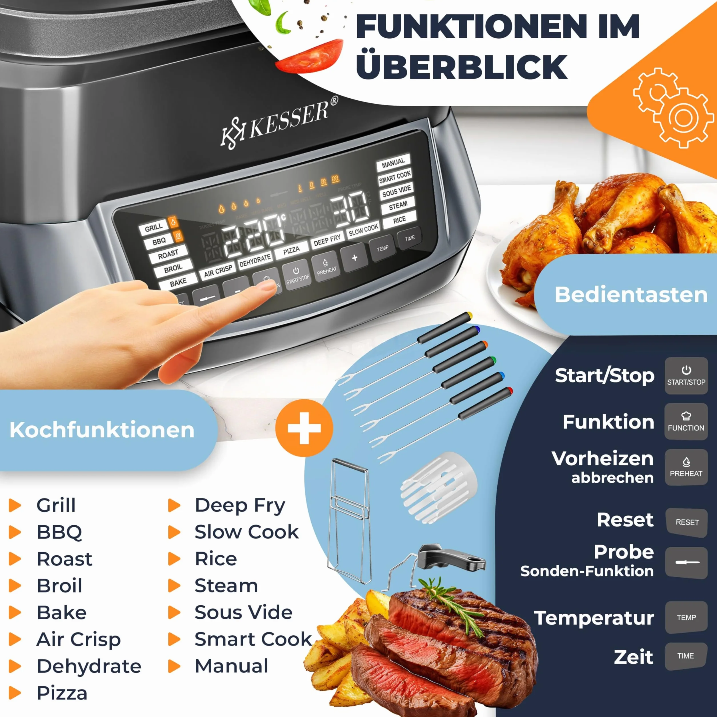 KESSER Fornello multicooker con friggitrice ad aria calda 8L 16 programmi