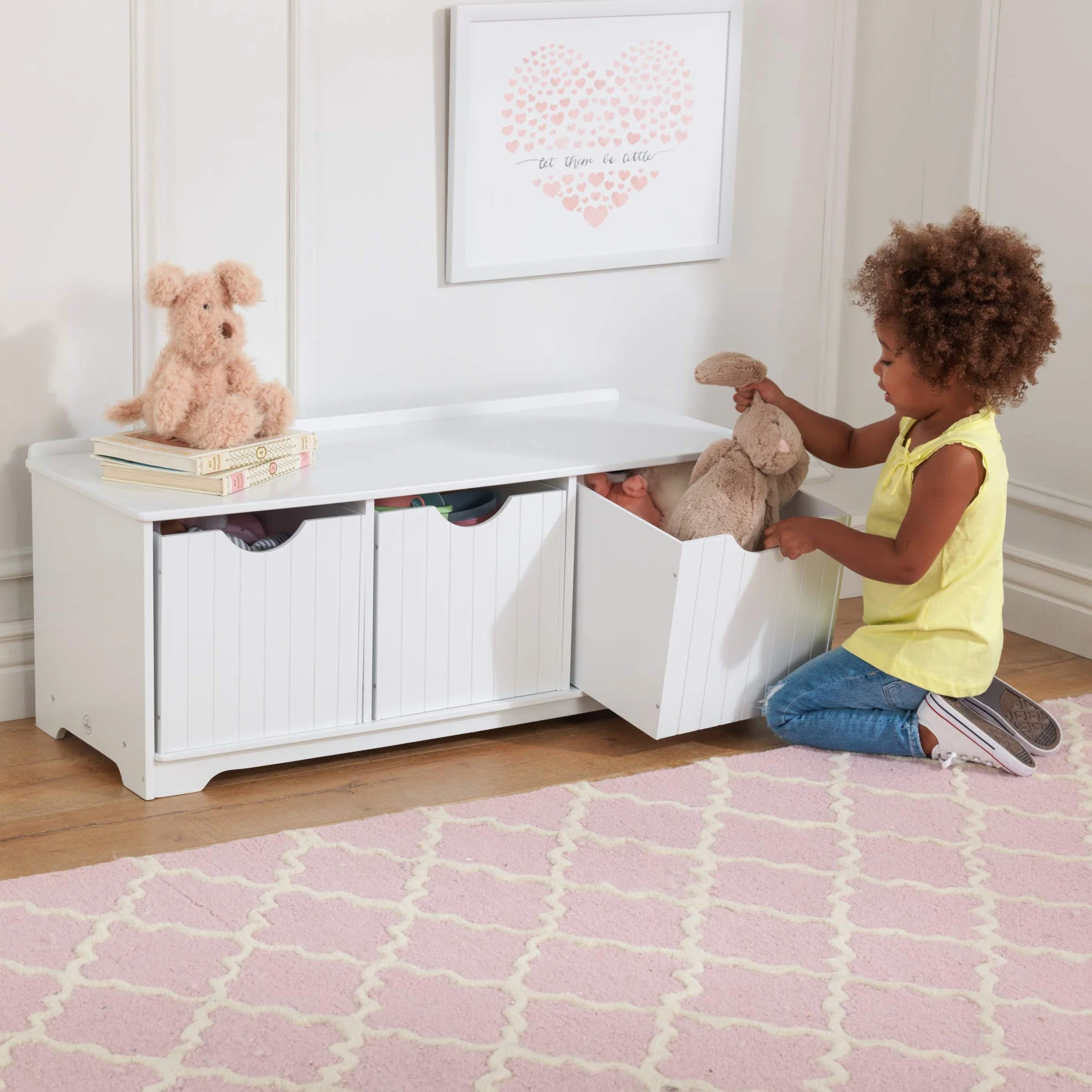 KidKraft Panca Contenitore in Legno Nantucket Bianco con 3 Cassetti Portaoggetti, Mobile Porta Giochi Bambini, Mobili per Cameretta e Sala Giochi per Bambini, 14564