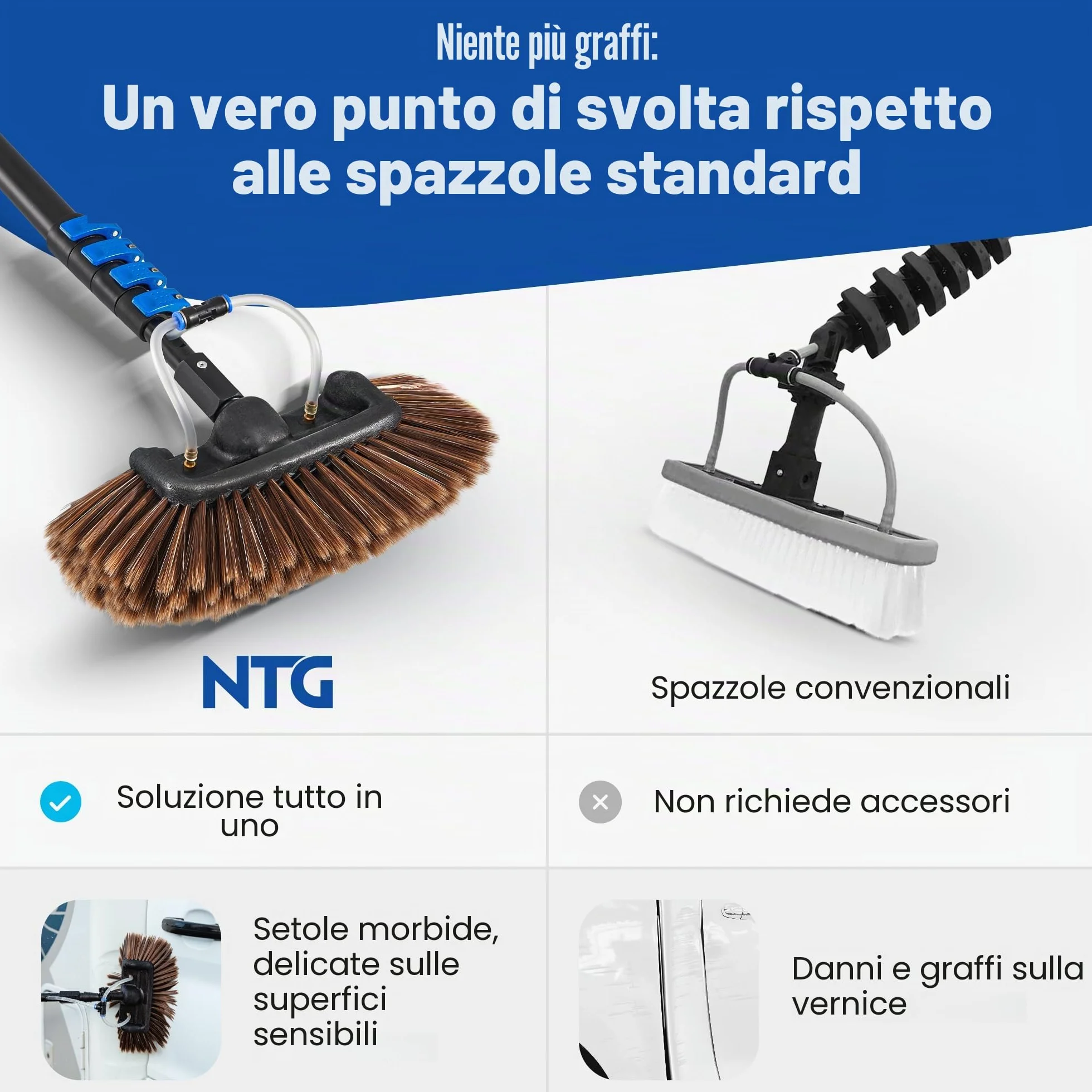 NTG Spazzola telescopica 1,68 – 7 m 3 in 1 con setole morbide + panno microfibra e estrattore acqua + dispenser sapone finestre, solare (fino a 4,6 m)