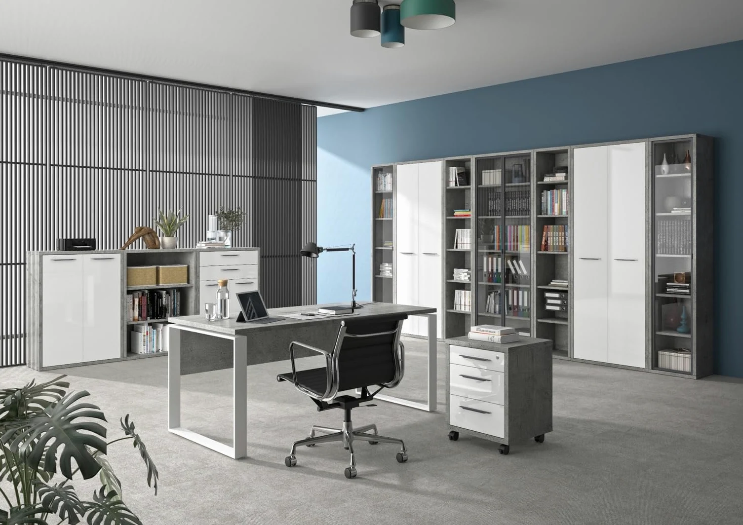 Composad | Scrivania della Linea DISEGNO con gambe in metallo, Scrivania PC Moderna, (LxAxP) 170x74,50x80 cm, Colore Grigio Cemento e gambe Bianco, per Ufficio, Studio, Made in Italy