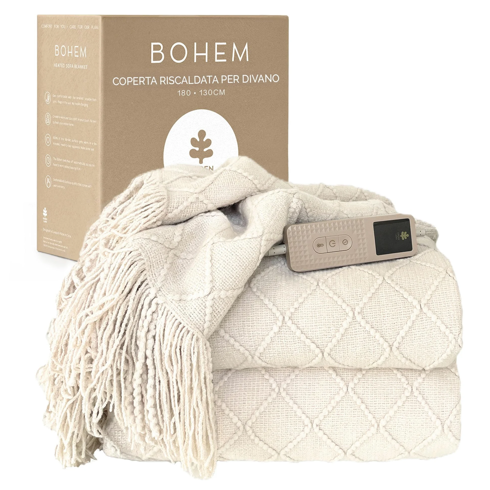 Groenland BOHEM - Coperta elettrica riscaldata, 180 x 130 cm, 9 livelli di calore e timer per spegnimento automatico, morbida coperta elettrica lavabile per divano e letto