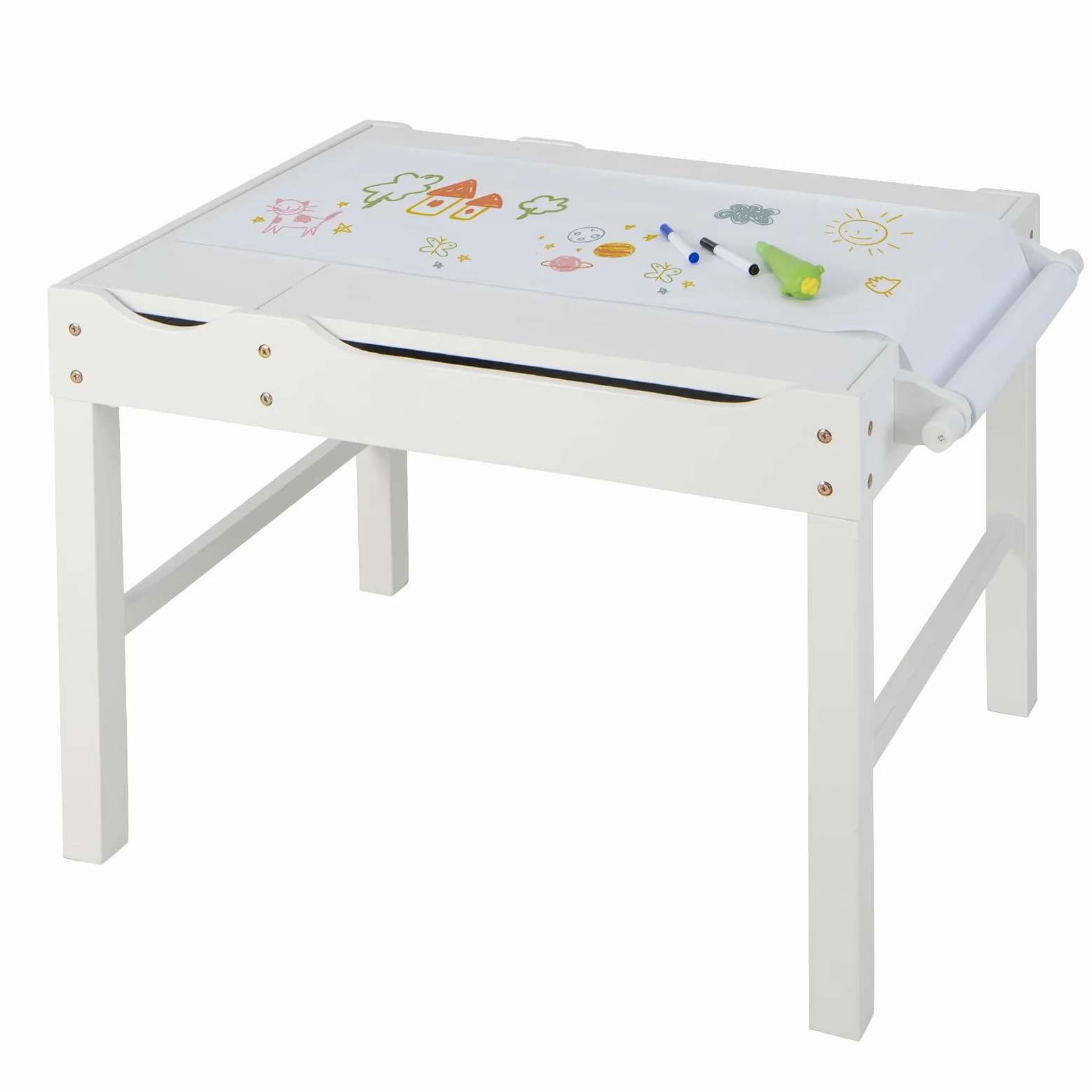 COSTWAY Tavolo da Gioco per Bambini in Legno con Piano Reversibile, Tavolo Multiattività Bambini 2 in 1, Porta Rotolo di Carta da Disegno, per Camera da Letto, Soggiorno (Bianco)