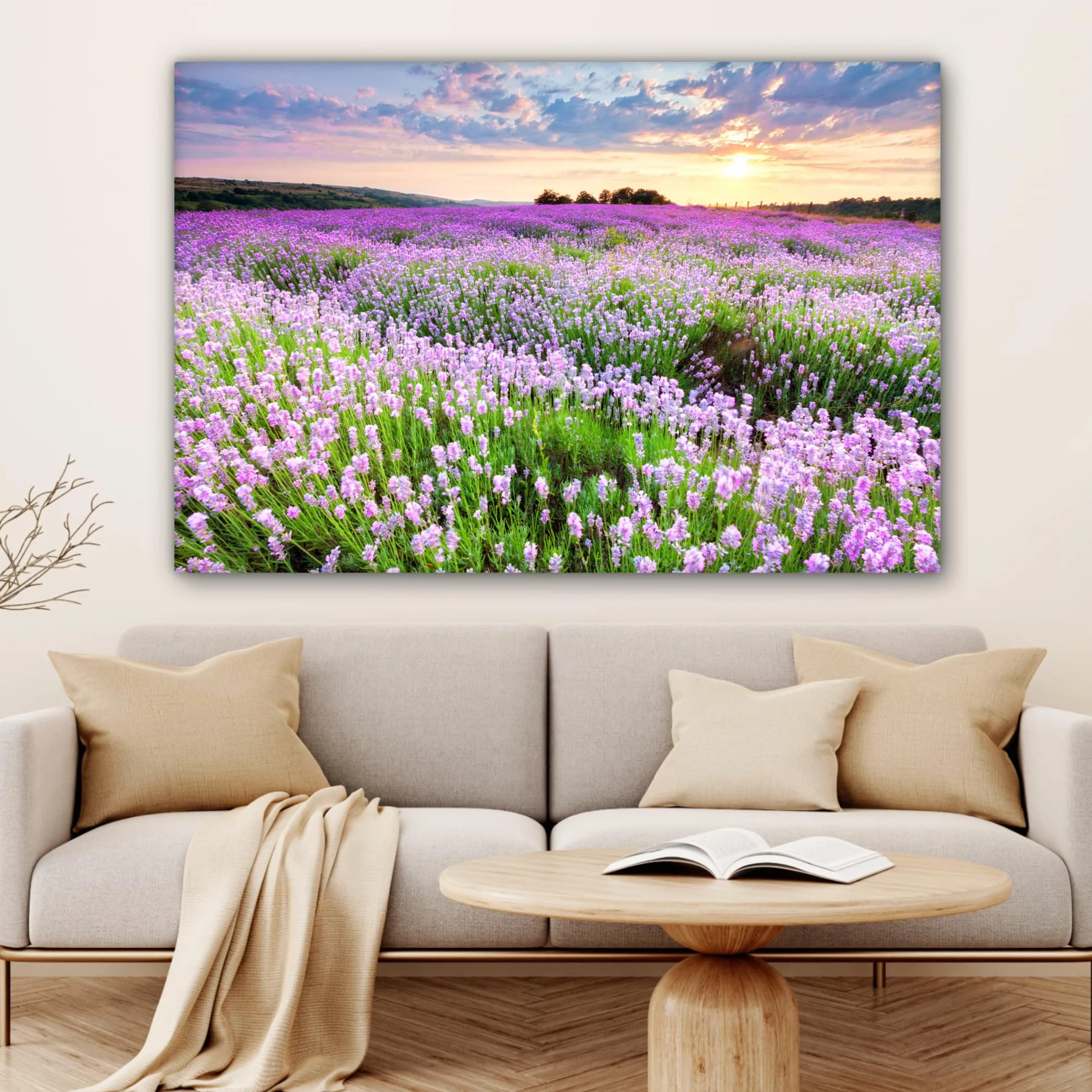 MuchoWow© Quadro su Tela 120x80 cm Stampe da Parete Quadri Cucina Camera da Letto Dipinto Arredamento Casa Fiori - Lavanda - Viola - Cielo - Tramonto - Prato - Natura