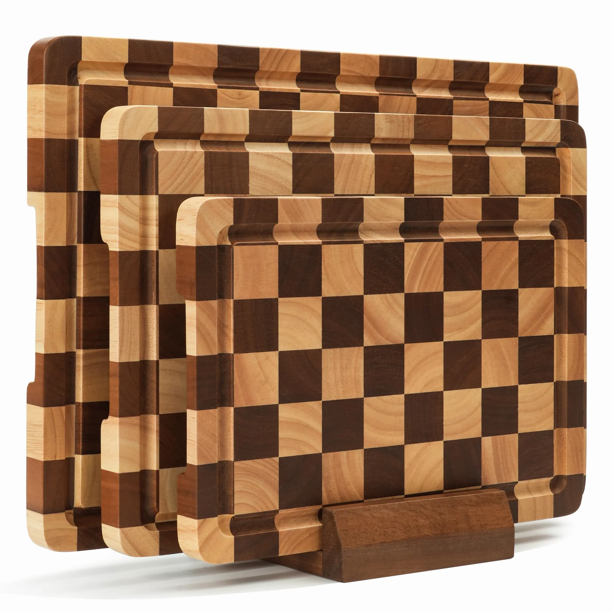 Set di 3 Taglieri a Scacchi in Legno con Supporto, Scanalatura per Succo e Manico per Carne, Verdure, Formaggio e Servire