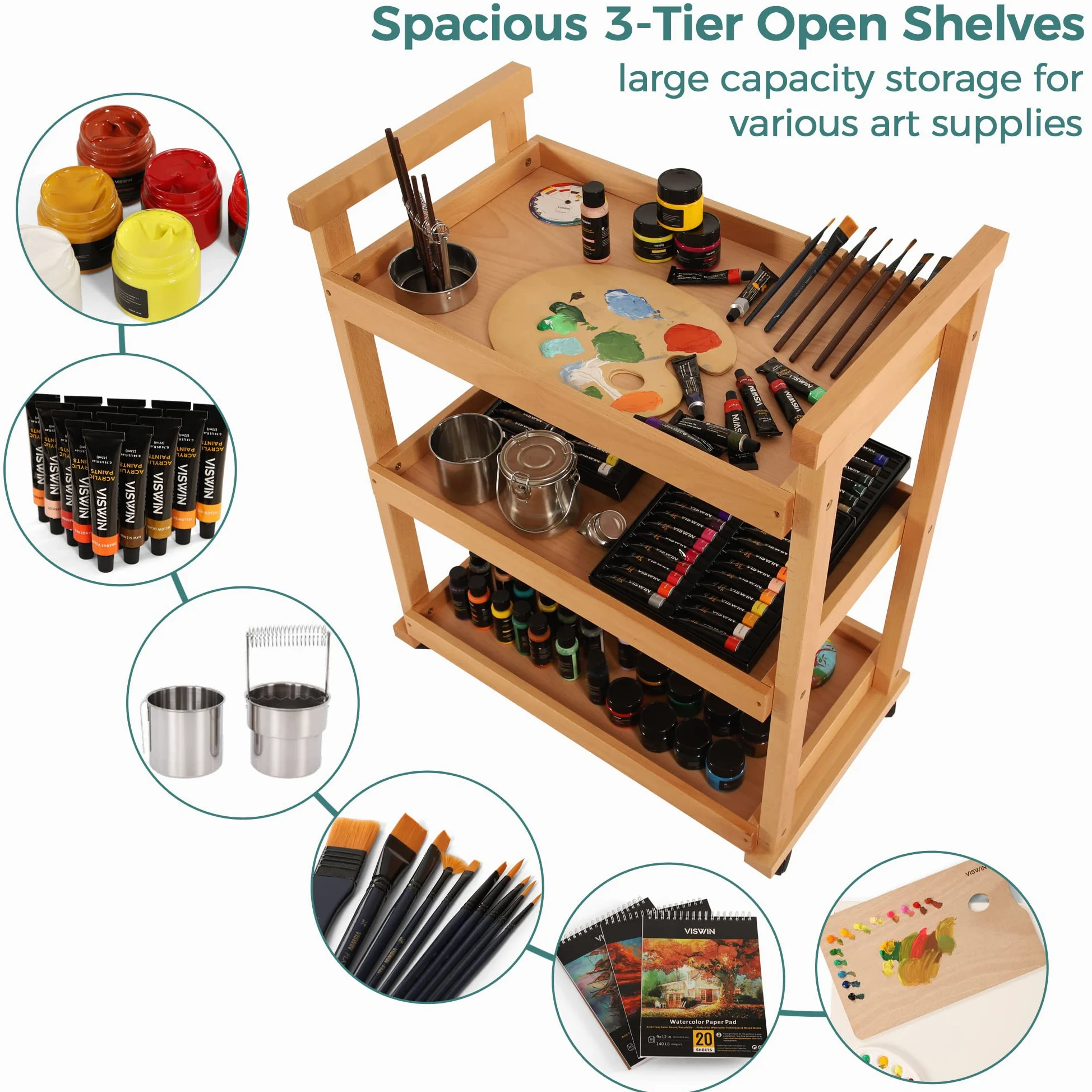 VISWIN 93 cm H art Cart Storage Organizer 3-Tier, Carrello Multiuso Rotante in Legno di Faggio Massiccio con Ruote Piroettanti, Carrello Multifunzionale per Lo Studio, l'Aula e la Cucina