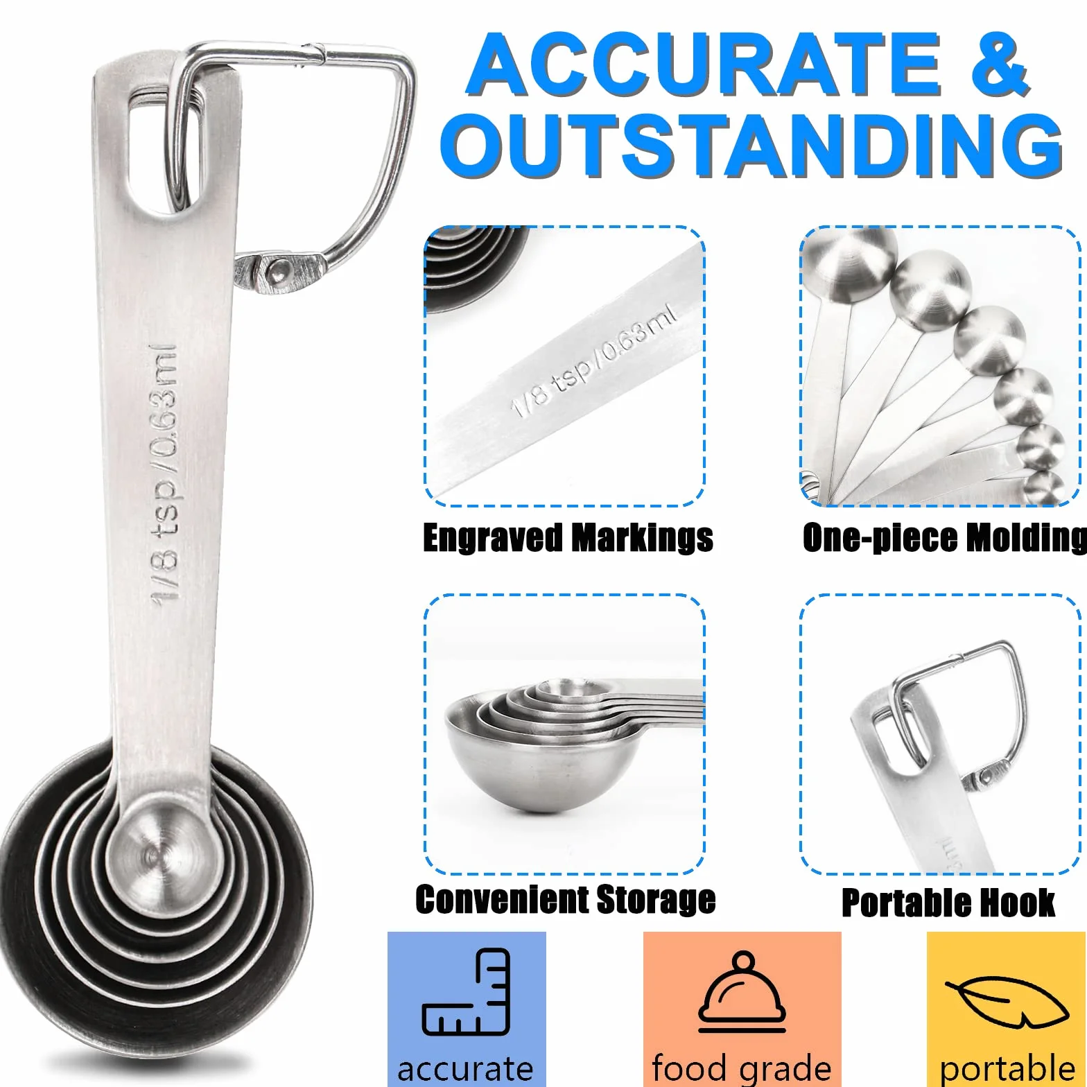 Set di 6 cucchiai dosatori in acciaio inox 18/8, resistenti, con unità di misura metrica e statunitense, per ingredienti secchi e liquidi, idea regalo