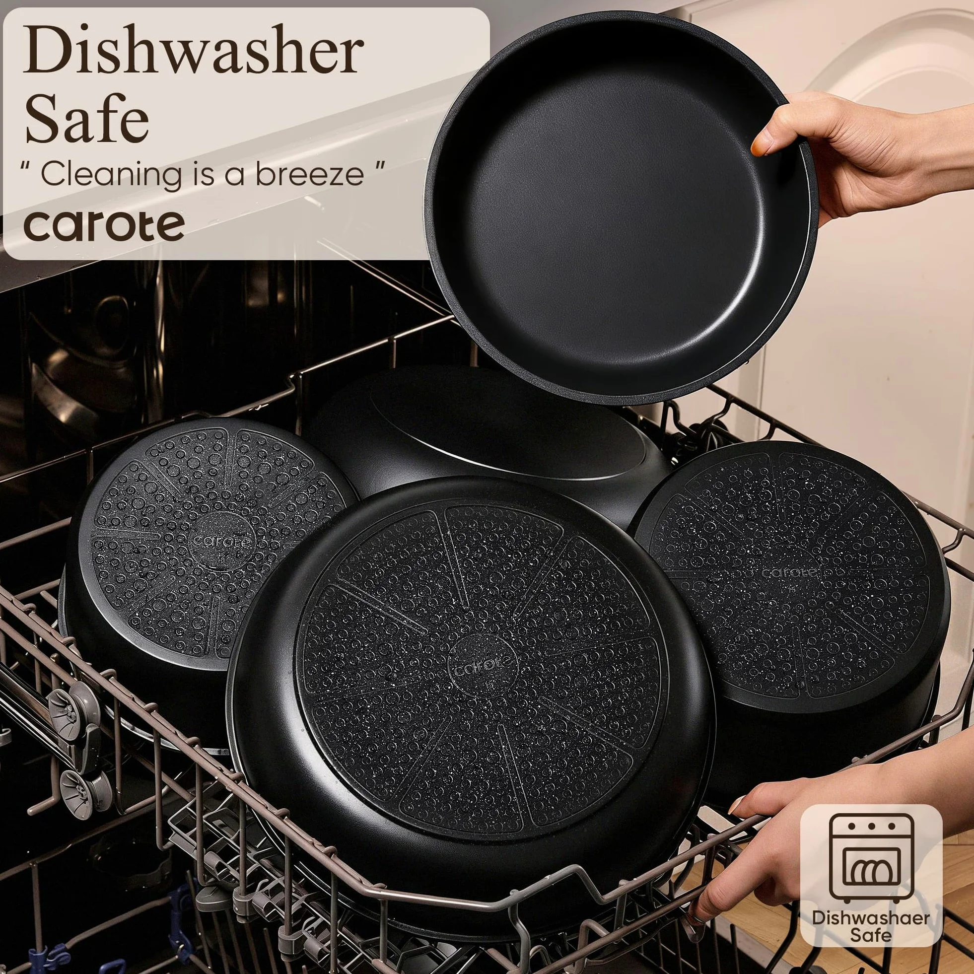CAROTE Set di pentole e padelle antiaderenti, con manico staccabile, 19 pezzi | Compatibile con induzione, lavabile in lavastoviglie e forno, salvaspazio, per campeggio, camper, viaggi, set da cucina, nero