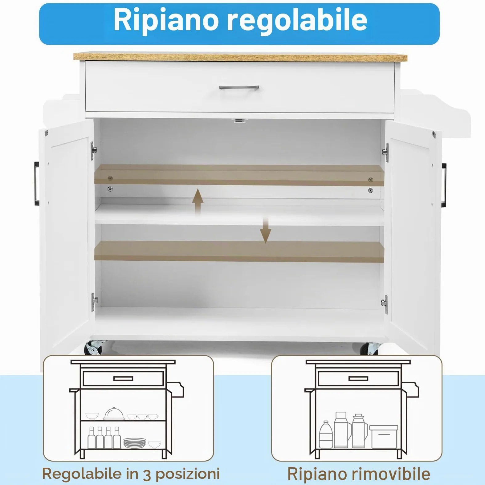 KOMFOTTEU Carrello da Cucina Ausiliario, Carrello di Servizio con Cassetto e Ripiano Regolabile, Isola da Cucina da Sala da Pranzo con Ruote Universali con Freni, in Legno, 116 x 40 x 85 cm, Bianco