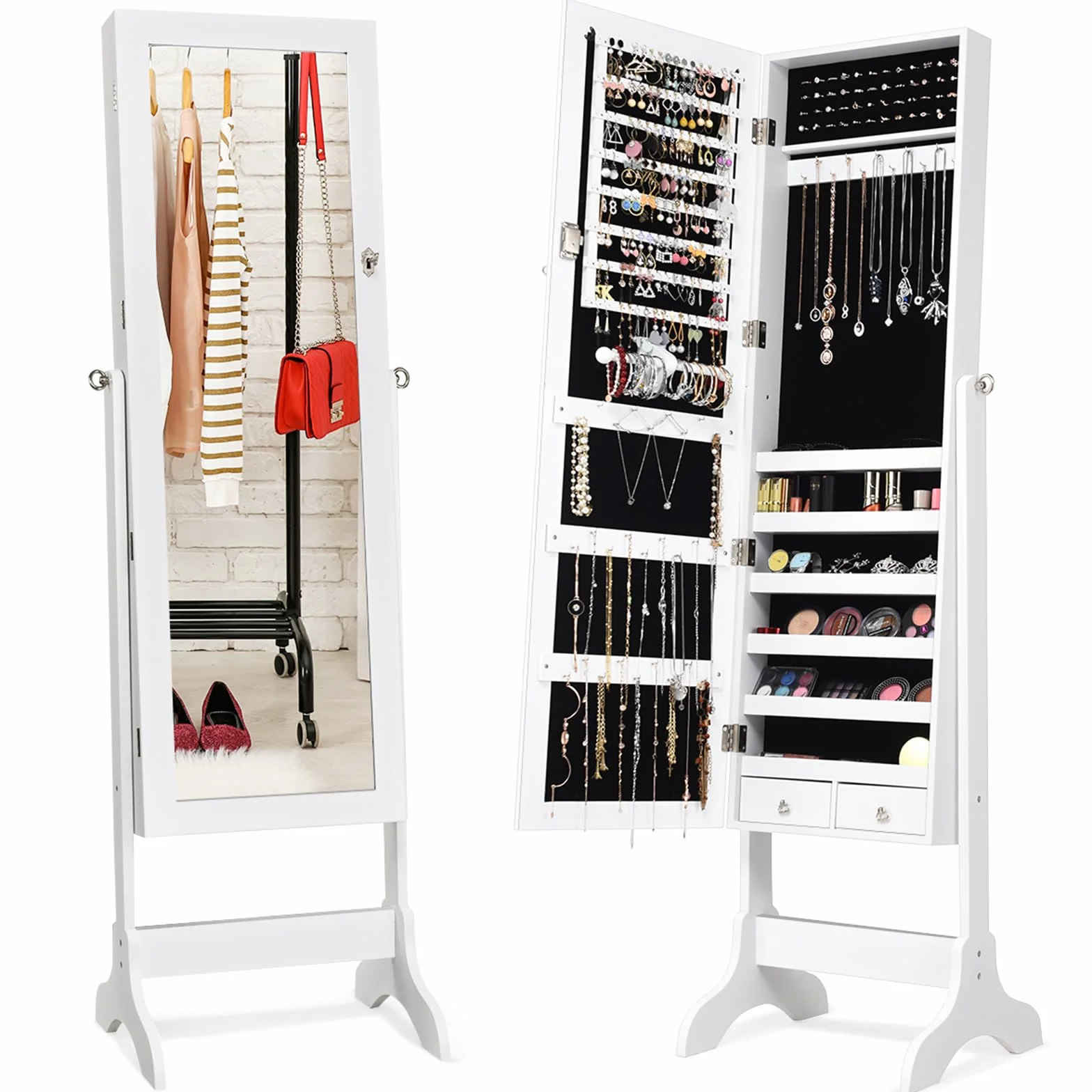 COSTWAY Mobile Portagioie da Terra con Specchio e 2 Cassetti, 156 x 37 x 46 cm