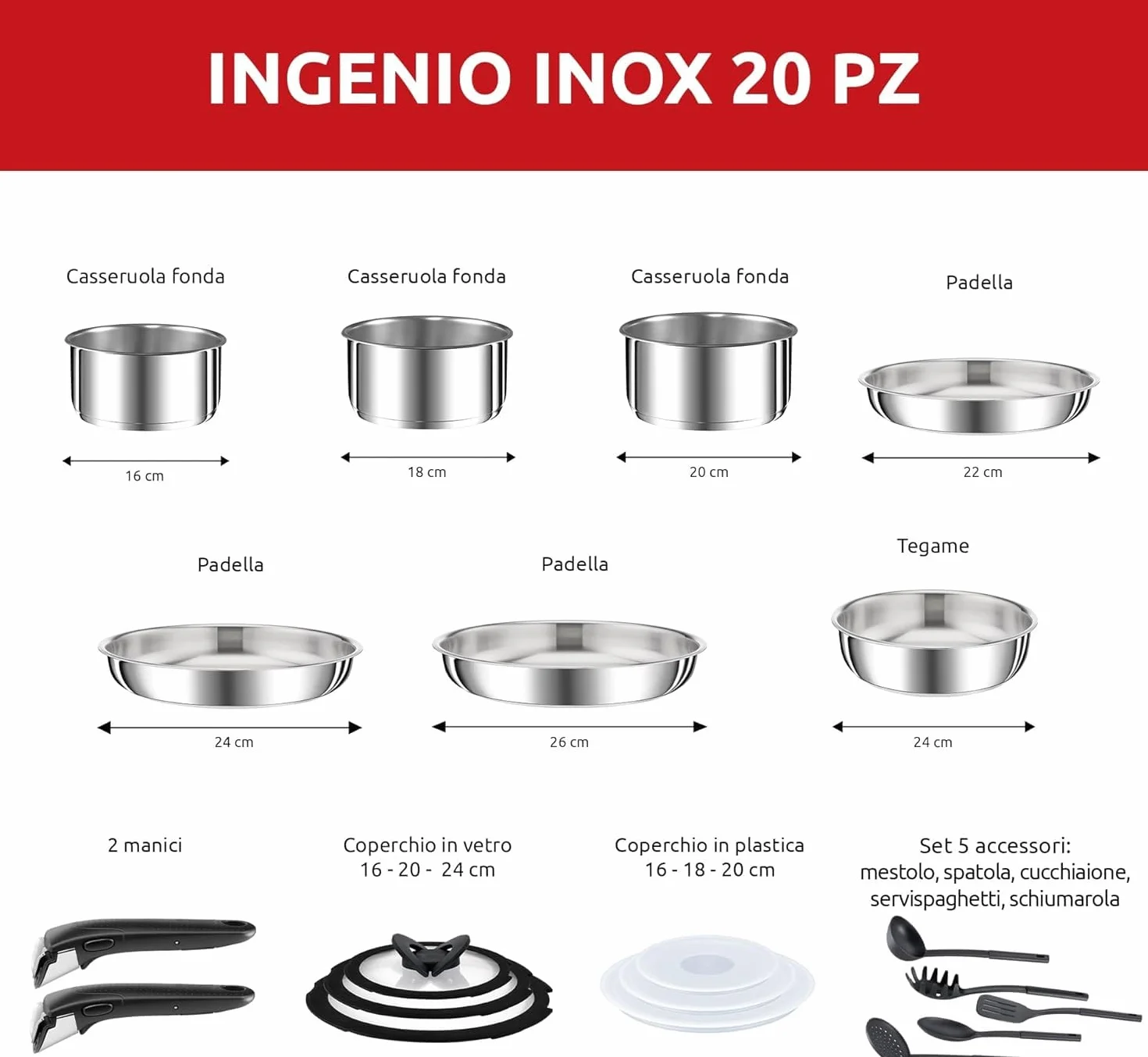 Lagostina Ingenio Inox Set di Pentole e Padelle in Acciaio Inox, 20 Pezzi, Adatto ad Induzione