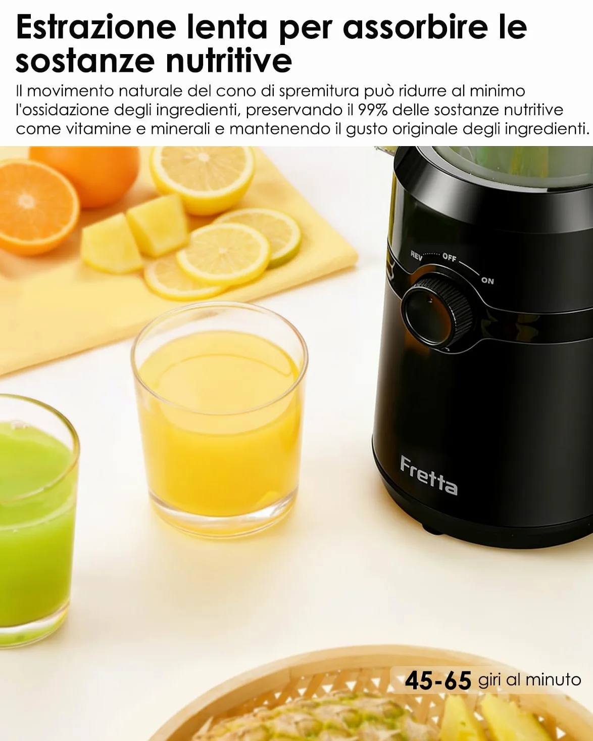 Fretta Estrattore frutta e verdura, apertura 108MM e capacità di 1L estrattore di succo, 200W centrifuga Lenta, 99% nutrienti preservati, senza BPA, facile da smontare e pulire