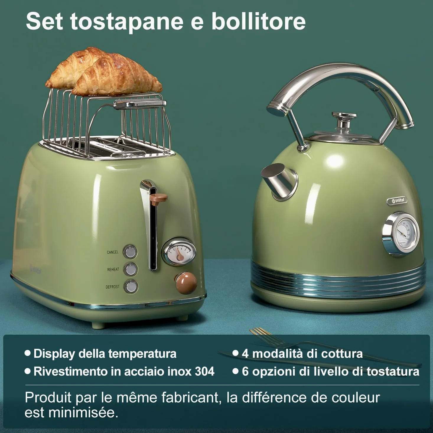 Wiltal Set di bollitore per tostapane per la colazione, bollitore in acciaio inox, 2200 W, riscaldamento rapido, tostapane con inserto per panini per riscaldare tutti i tipi di pane, verde retrò…
