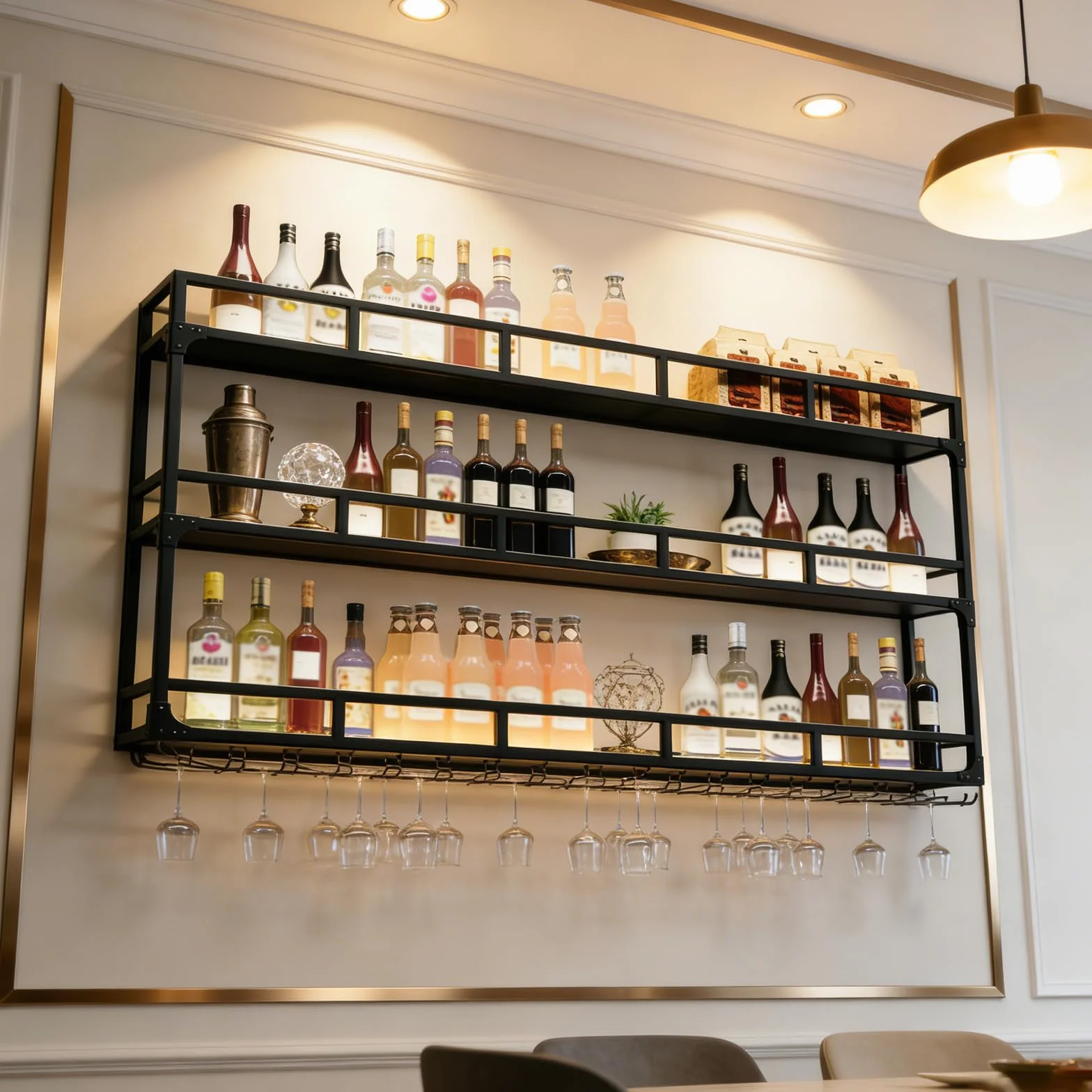 PortabottiglieDa Vino, Portabottiglie Da Parete Con Ripiano Espositivo, 3 Livelli Portabottiglie Da Vino A Parete Per Casa, Bar, Ristorante (BLACK, 100 * 25 * 90CM)
