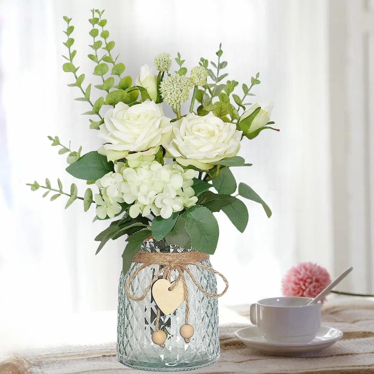 Fiori artificiali con vaso, bouquet di ortensie floreali in finta seta, bouquet di ortensie in vaso, centrotavola per matrimoni, bouquet per feste, ufficio, fattoria, cucina, decorazione per la casa