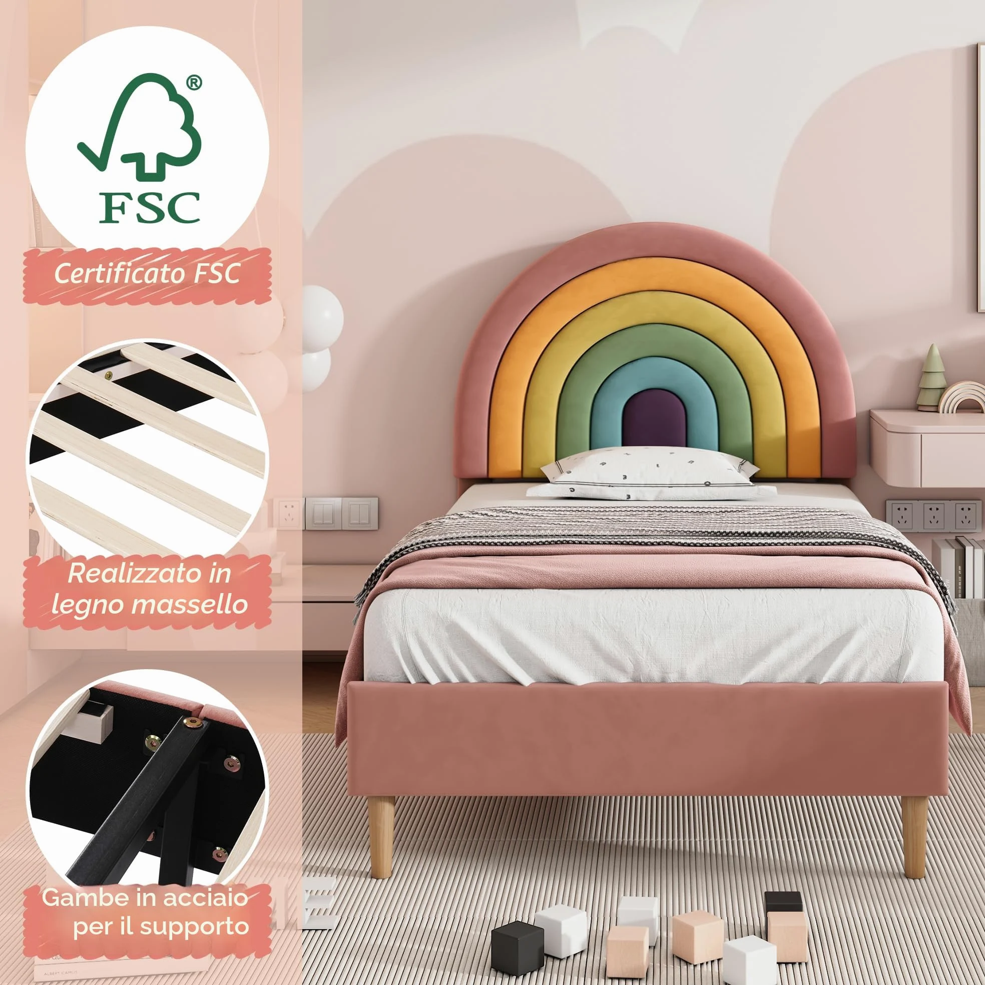 Azkoeesy Letto singolo imbottito per bambini e bambina, 90 x 200 cm, testiera arcobaleno, rivestimento in velluto, rosa