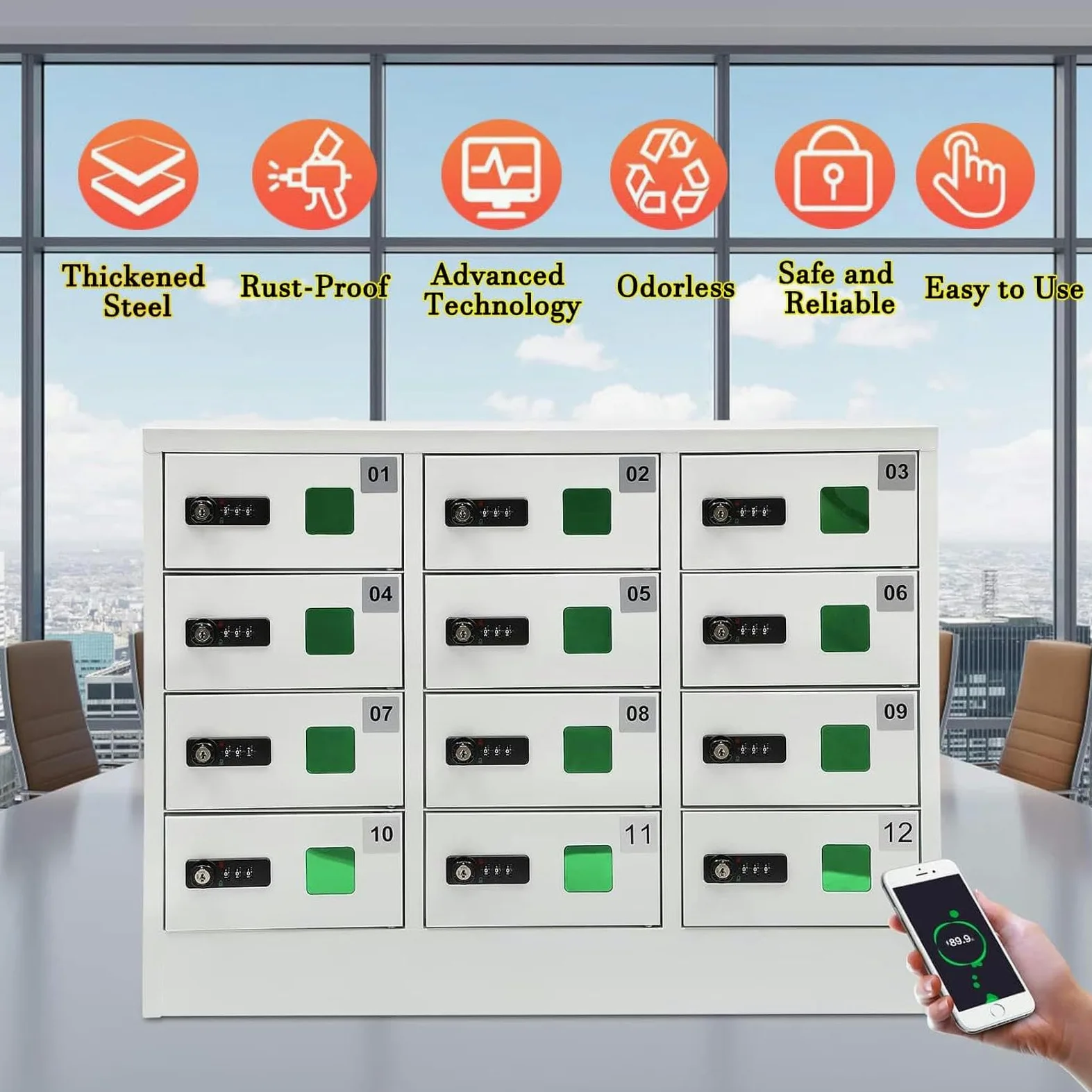 Stazione di ricarica per telefono cellulare a 12 slot, armadietto di ricarica bloccabile con serratura a combinazione, armadietto di stoccaggio per telefono cellulare, con 3 porte di ricarica