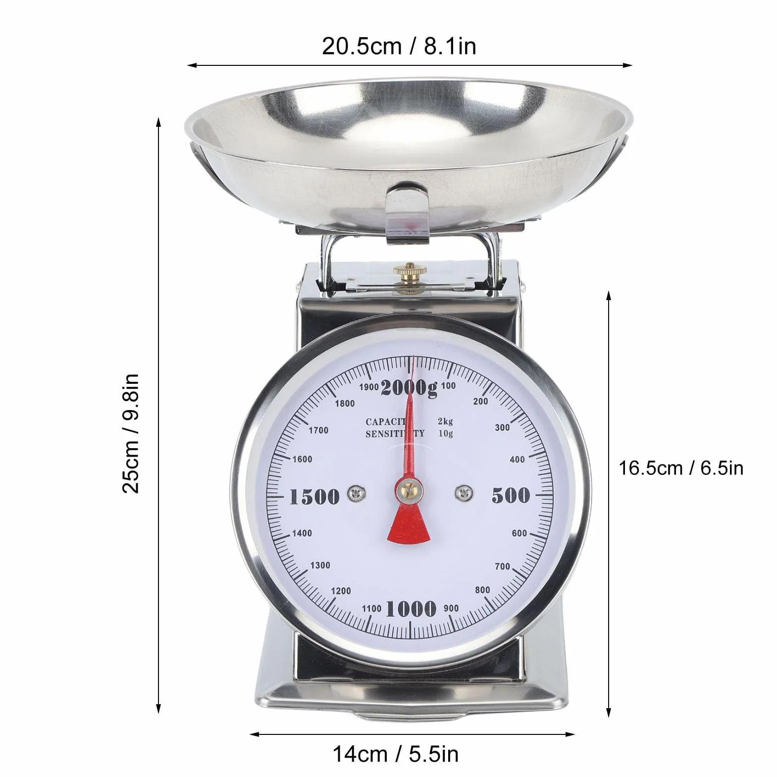 Fockety Bilancia da Cucina Meccanica, quadrante della Bilancia analogica in Acciaio Inox per Alimenti con Ciotola Rimovibile, 2KG o 4KG 2 Dimensioni, Bilancia per Il Peso degli Alimenti (2 kg)