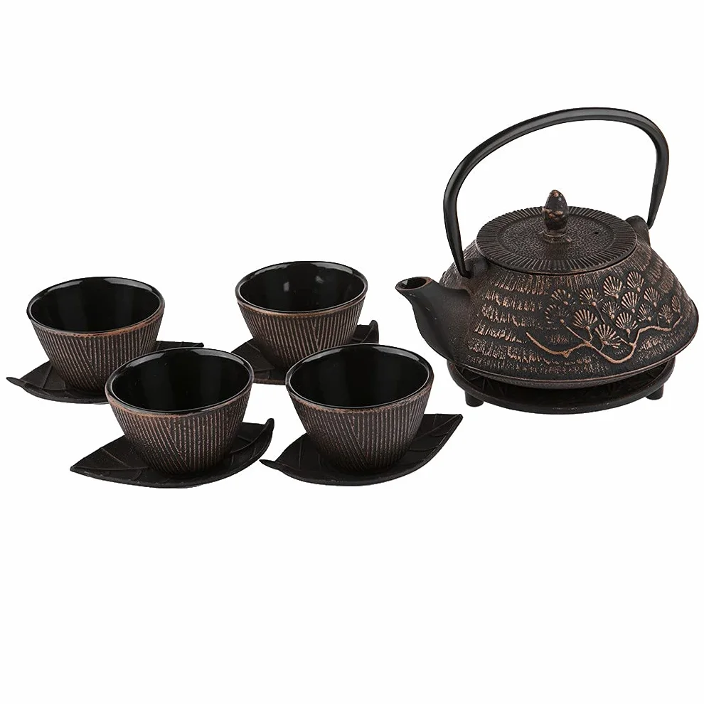 Set da tè in ghisa con motivo a fiori di ciliegio - 1 teiera, 4 tazze e filtro - Capacità 0,8 l - Nero e bronzo