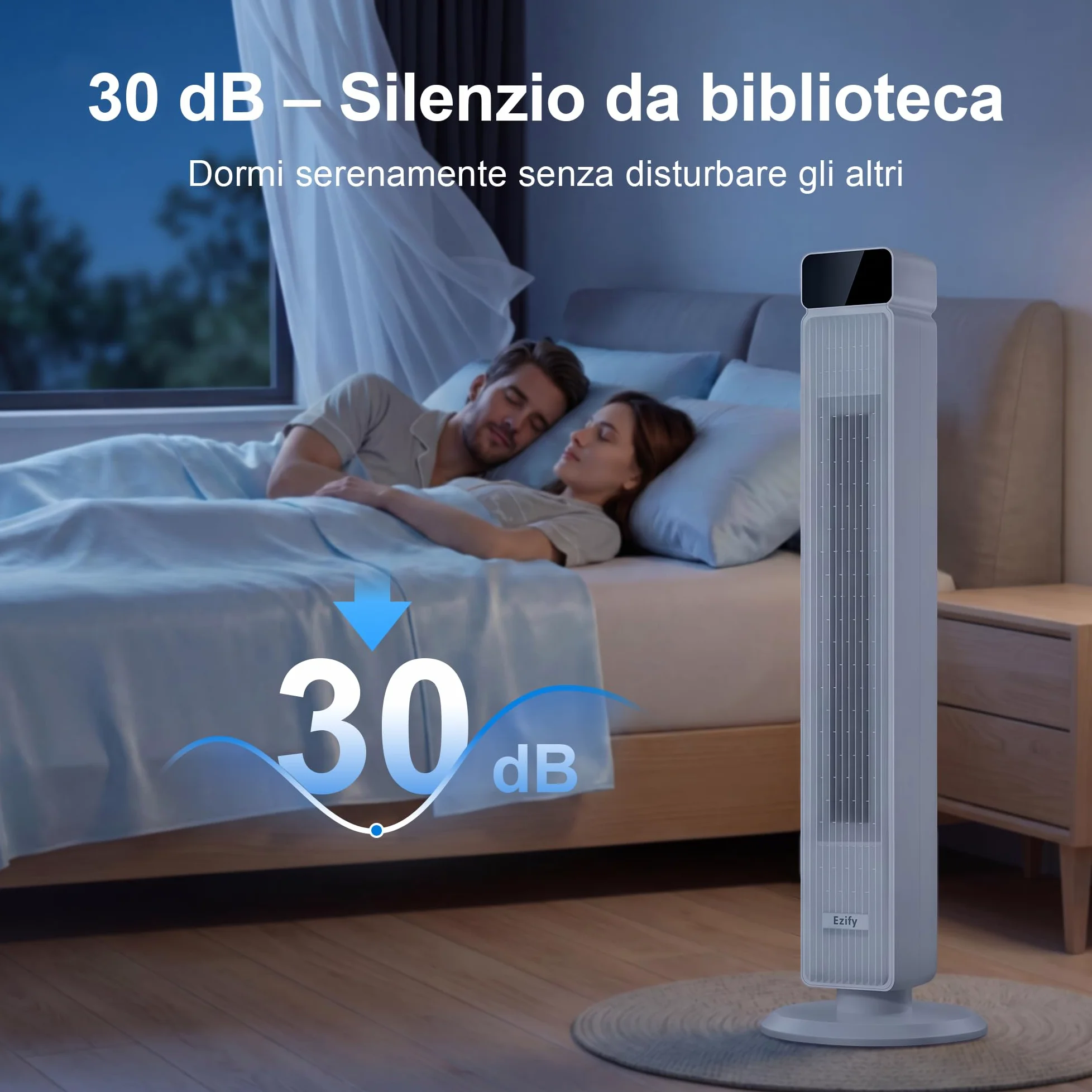 Ventilatore a Torre Silenzioso con Telecomando, 7.3 m/s Flusso Potente & Modalità Notturna 30 dB, Oscillazione 90°, 6 Livelli, Timer 12H, Ventilatore a Colonna per Camera da Letto e Ufficio