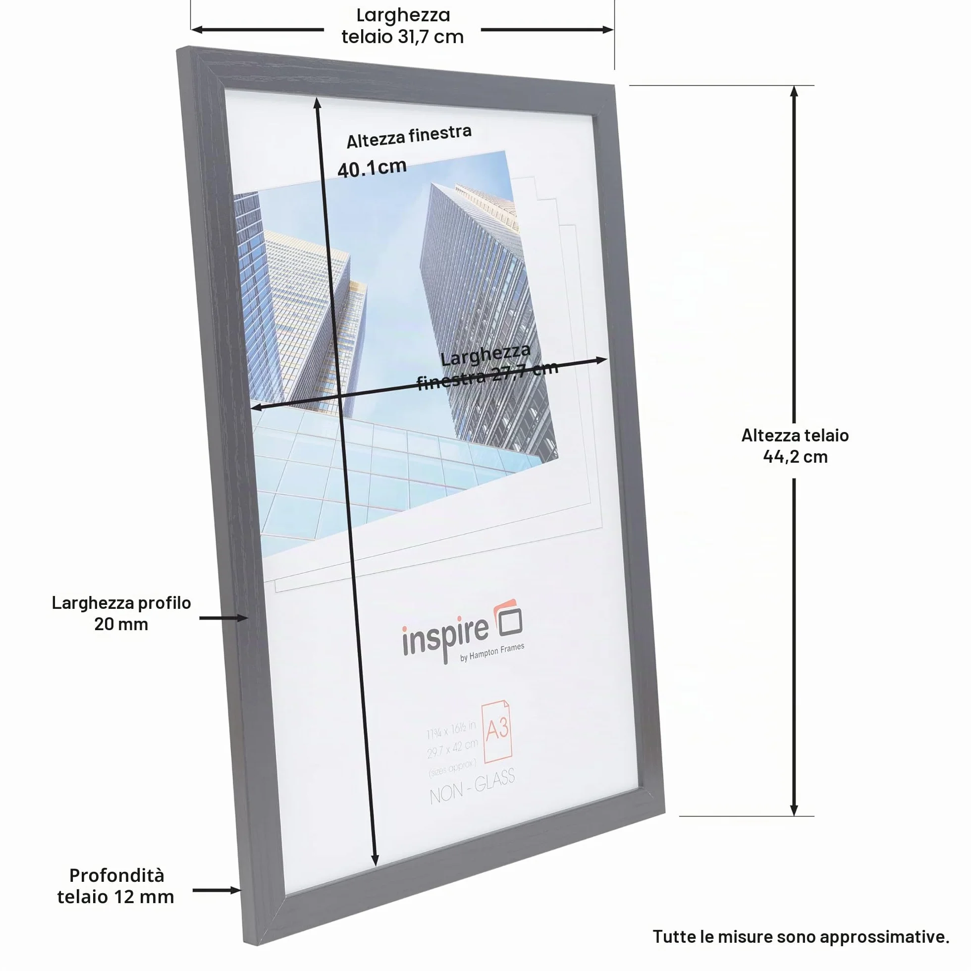 Hampton Frames, Cornice Poster OXFORD A3 29,7x42 cm, Nera, MDF effetto legno, Fronte acrilico leggero, Clip e ganci inclusi | Cornice da parete per arredamento interno
