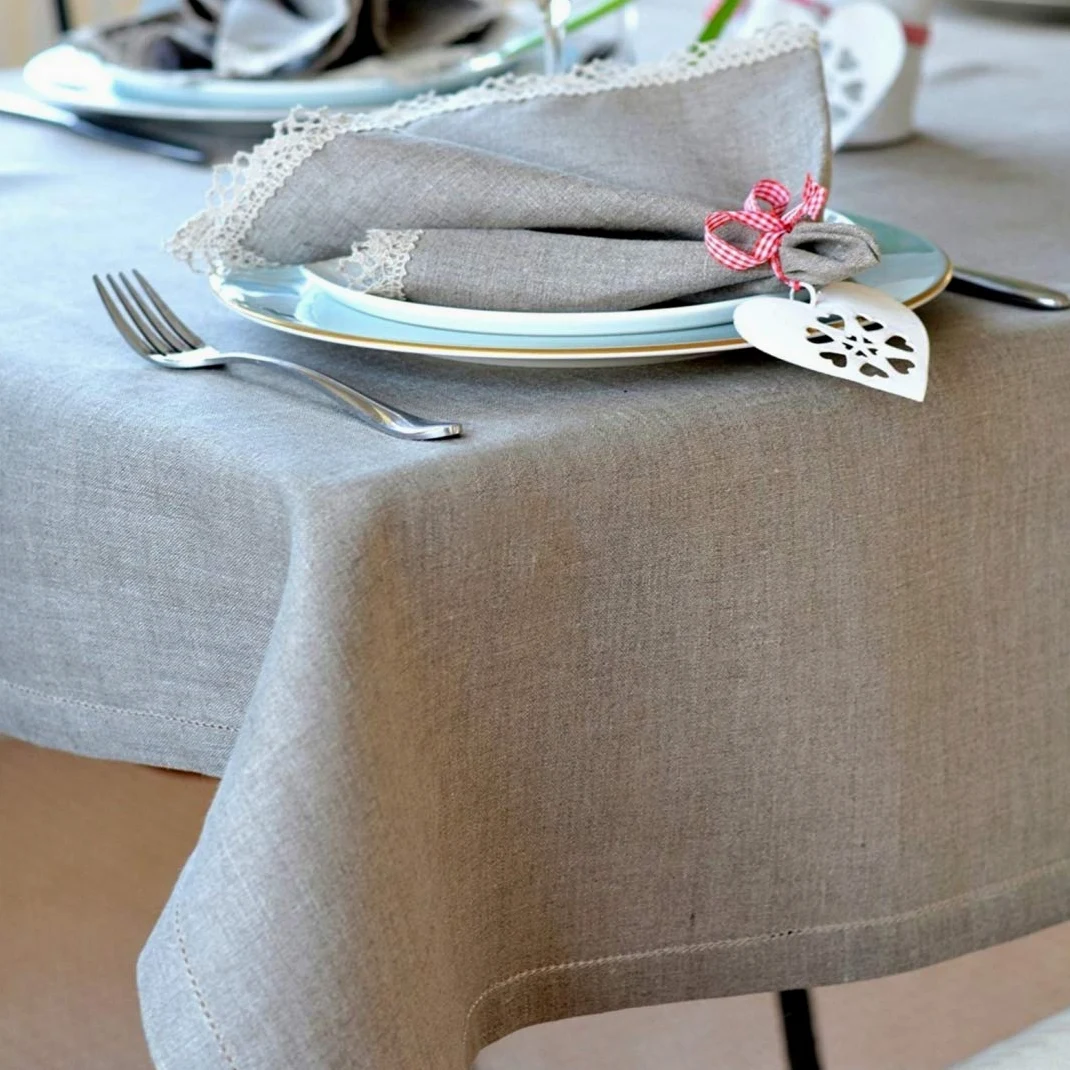 LINEN & COTTON Tovaglia da Tavola In Stoffa Con Orlo A Giorno FLORENCE, 100% Linen (143 x 350cm, Beige/Naturale)