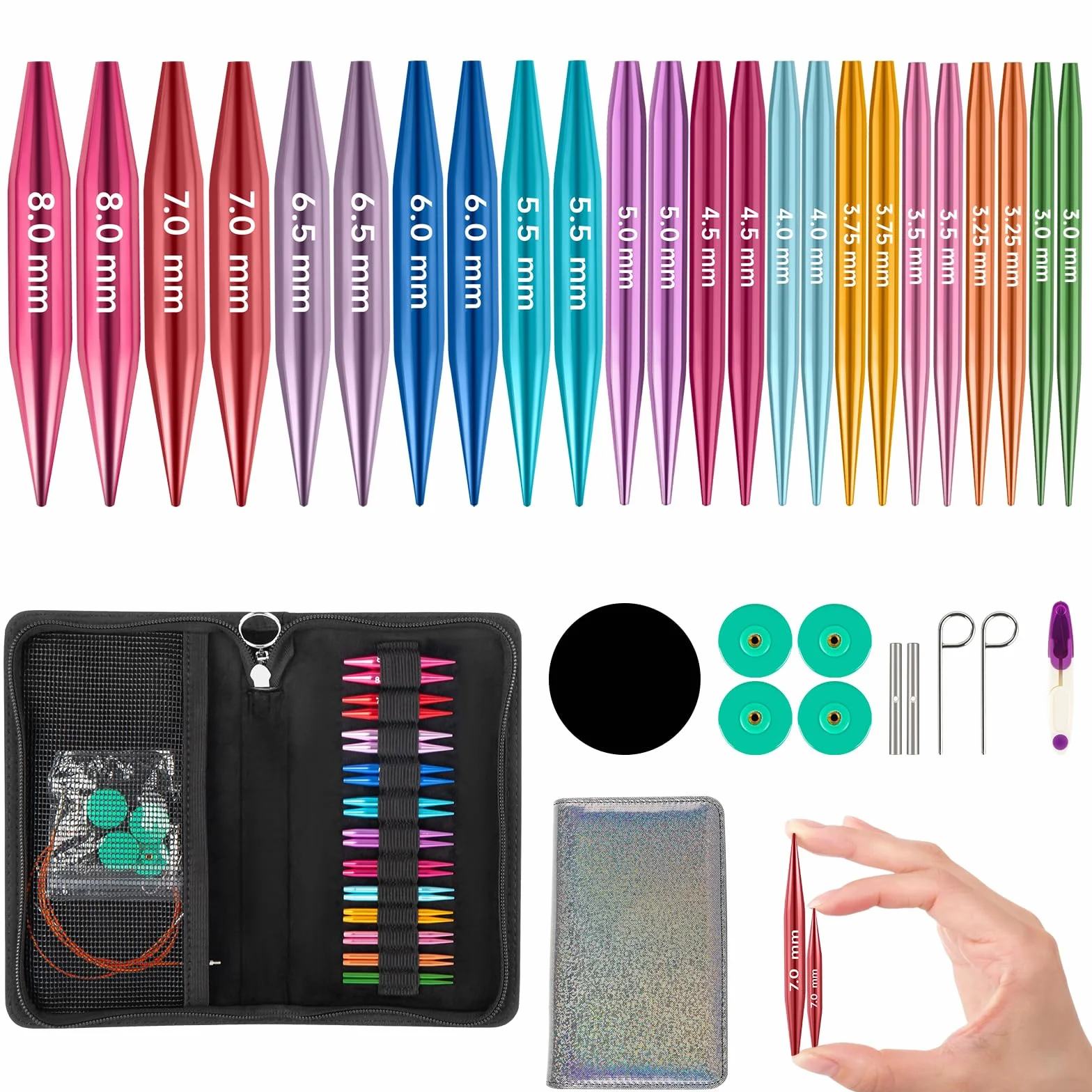 Set di ferri circolari corti intercambiabili, 5 cm, mini ferri da maglia intercambiabili con borsa e accessori, 12 aghi da 3 a 8 mm di diametro, 4 cordoncini da 15-55 cm, set di uncinetti in
