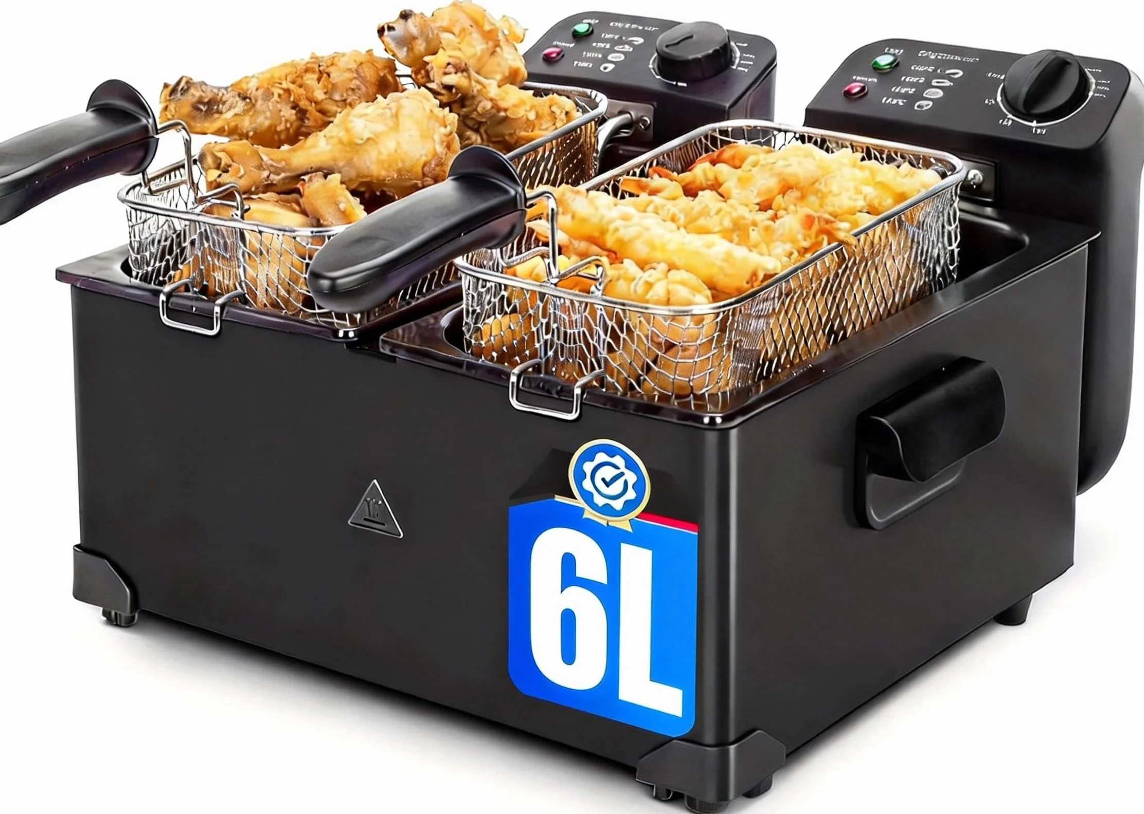 Aigostar Friggitrice doppia vasca. capacità totale 6L, 2 cestelli da 3L. Controllo termostatico, coperchi con finestre. Friggitrice elettrica professionale senza BPA.3600W