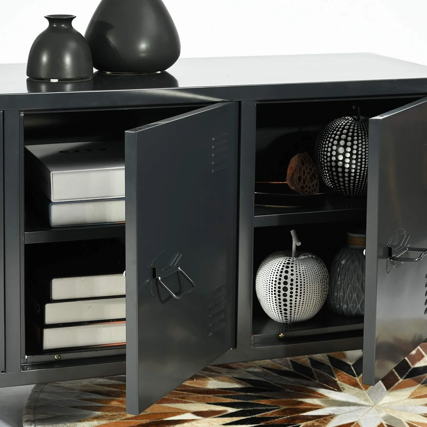 Homy Casa Grande armadio in metallo a doppio rivestimento con 3 ante in metallo, mobile da ufficio o guardaroba con due ripiani, basso, misure: 120 x 40 x 58 cm, nero