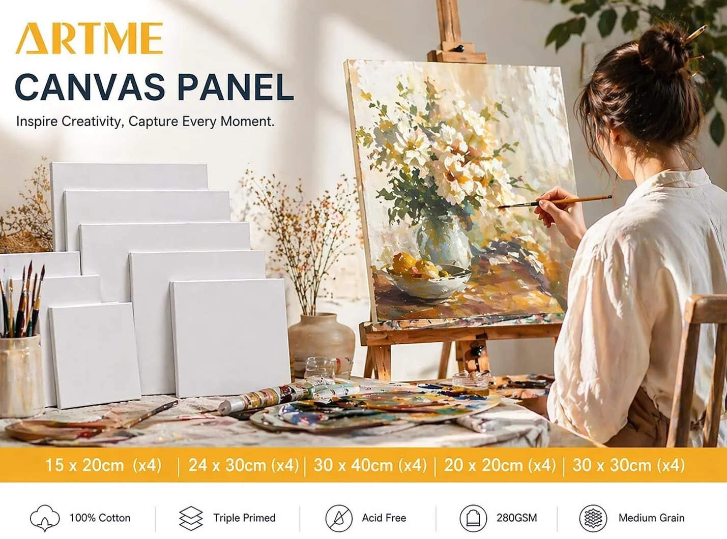 Artme Pannelli in Tela 20pz - 15x20,20x20,30x30,24x30,30x40cm Formati Assortiti Bianca per Pittura - 3mm 280GSM/ 100% cotone/Triplo con innesto/Senza acidi/Grana media /- Acrilico/Olio