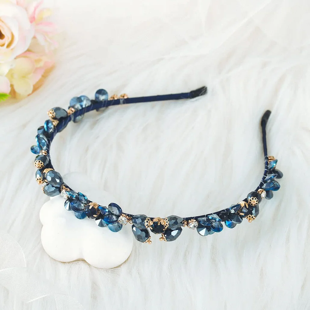 Fascia per Capelli Cristallo Blu Brillante Strass Vintage Festa Ballo Donne