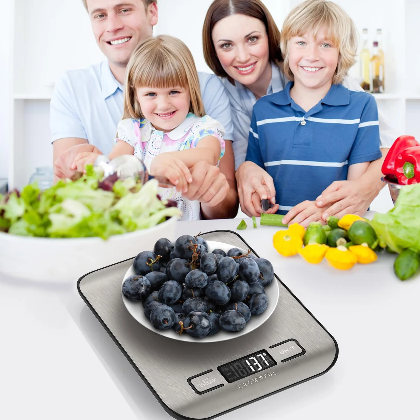 CROWNFUL Bilancia da Cucina Digitale, acciaio inossidabile, Grande Display LCD, Capacità 5 kg, multifunzione Bilancia Cucina 5 unità con funzione tara, Argento