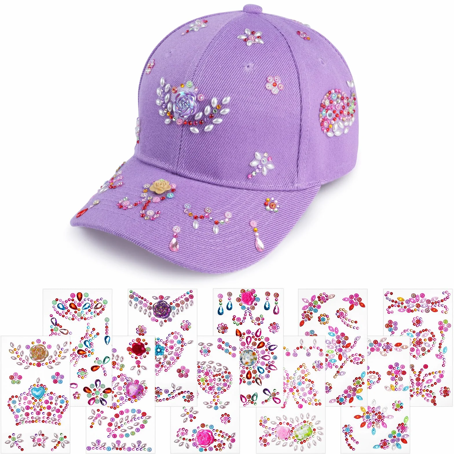 Aomig Cappello Baseball Bambino, Berretto Bambino con Visiera Regolabile, Cappellino da Baseball con Adesivi Strass Estivo Cappello con Visiera Bambini per Protezione UV, Tinta Unita(Viola)