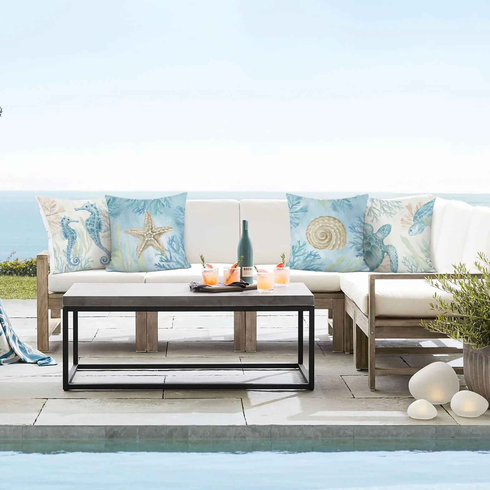 Bonhause Federe per Cuscini Spiaggia Oceano 45 x 45 cm Copricuscini Cavalluccio Marino Tartaruga Stella Marina Costiera Velluto Morbido Federa per Cuscino Divano Casa Decorazione Set di 4