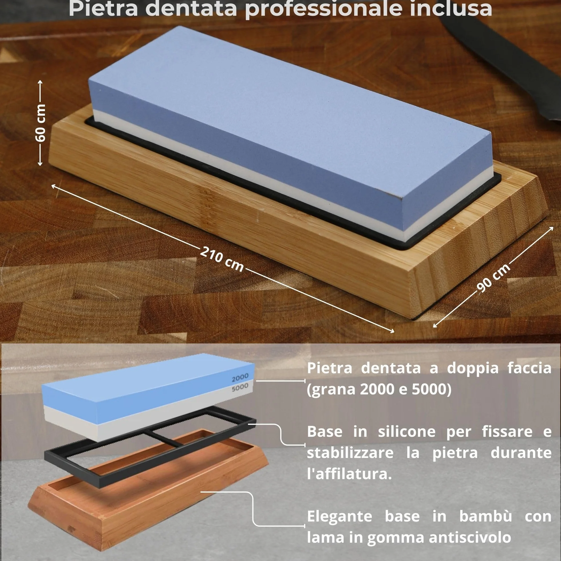 Set coltelli da cucina professionali giapponesi in acciaio damasco con pietra affilacoltelli professionale. Coltello damasco giapponese con pietra per affilare per chefs e amanti della cucina (5 set)