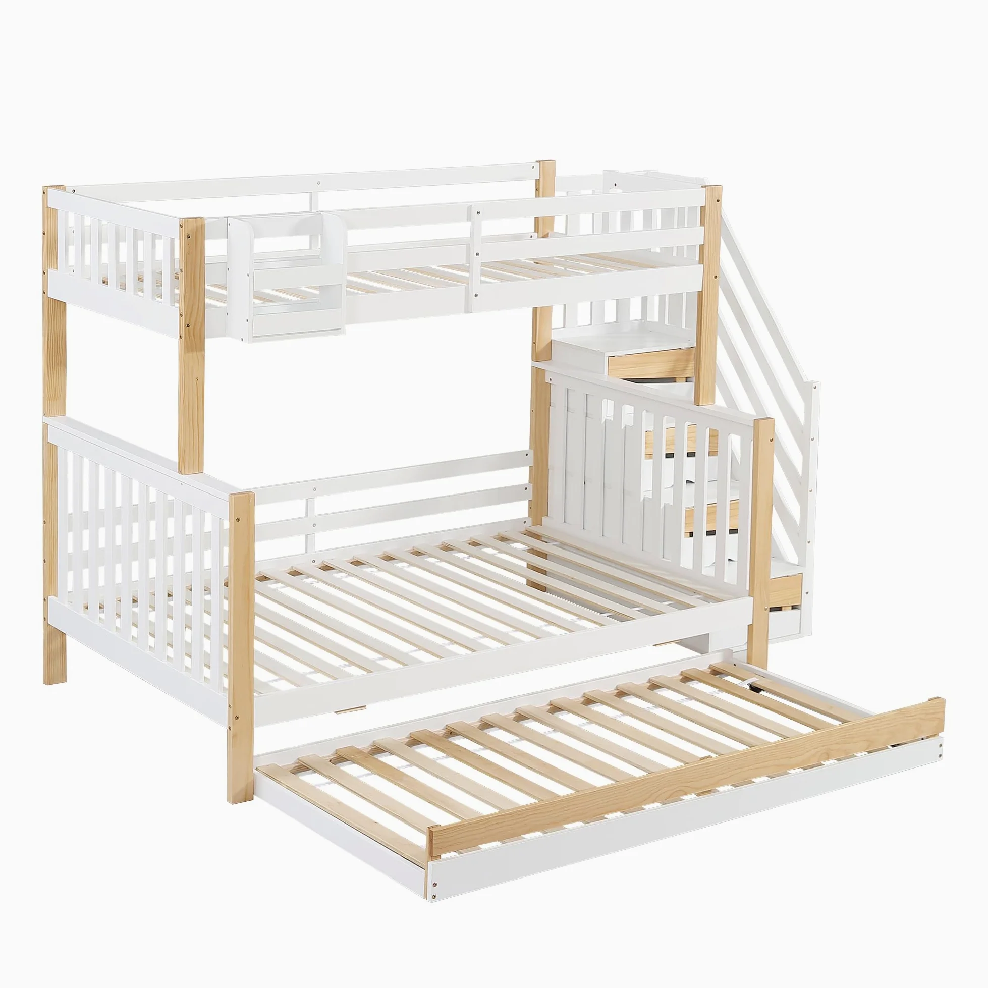 Letto a castello 90 x 200 e 120 x 200 cm, con letto a rotelle, design speciale di rivestimento della porta, scala angolare, pino+MDF, bianco e naturale
