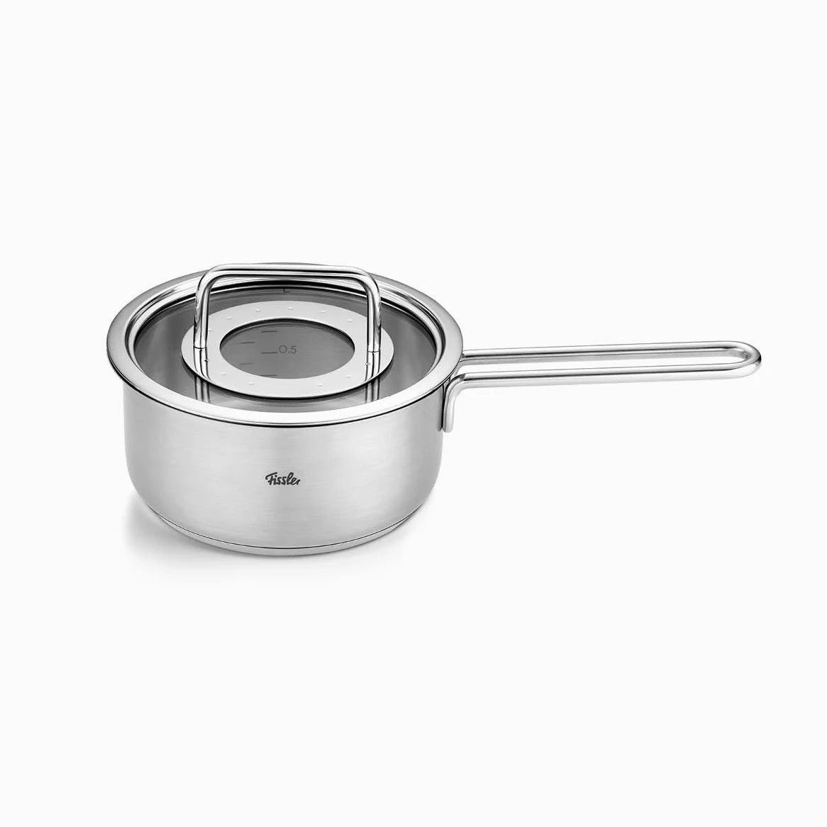 Fissler Pure Collection - Casseruola in acciaio inox (diametro 16 cm, 1,4 l) con coperchio in vetro, scala graduata, compatibile induzione