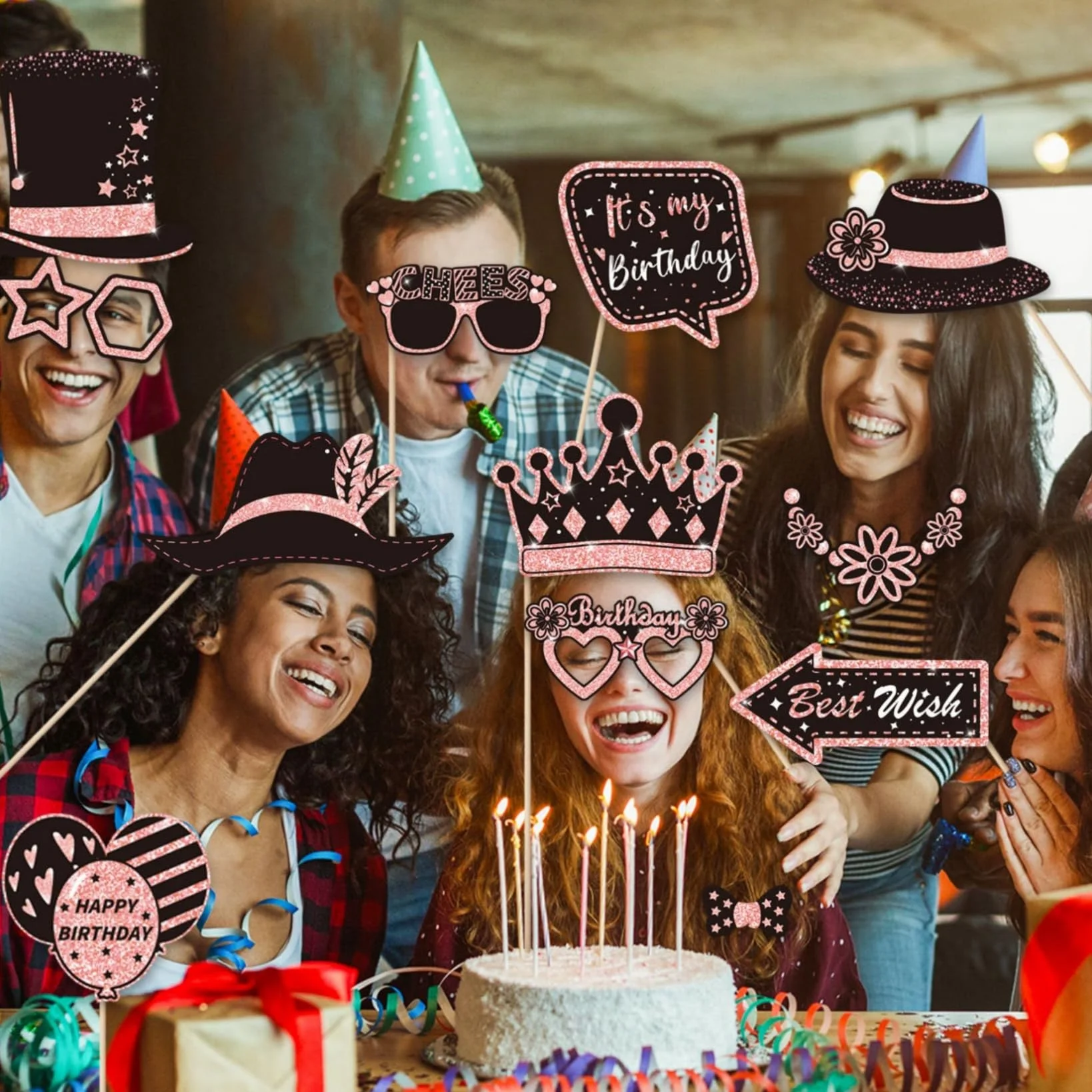 38 Pezzi Oggetti Scena per Cabine Fotografiche di Compleanno, Happy Birthday Party Favors Supplies Bday Party Decor, Photo Booth Funny Cute Selfie (Rosa)