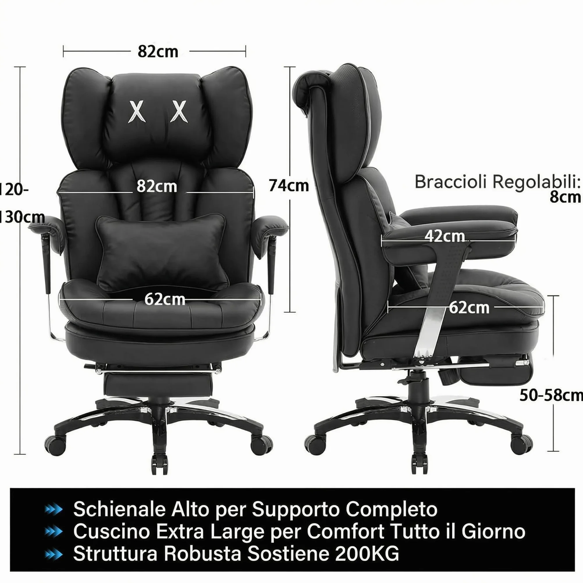 Efomao Sedia ufficio in pelle PU con ricamo X, grande e alta, schienale alto regolabile, sedia da gioco computer, girevole executive 200 kg, poggiapiedi e supporto lombare