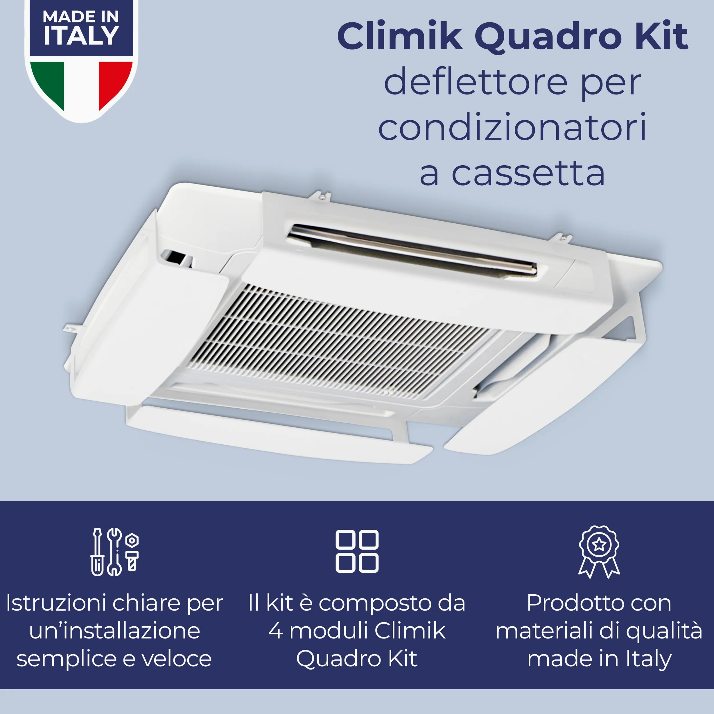 CLIMIK QUADRO, SET DI 4 DEFLETTORI PER CONDIZIONATORE & ARIA CONDIZIONATA, ADATTO PER CONDIZIONATORI A CASSETTE, MADE IN ITALY, PROGETTATO PER DISTRIBUIRE L’ARIA NEL TUO AMBIENTE DI CASA O LAVORO