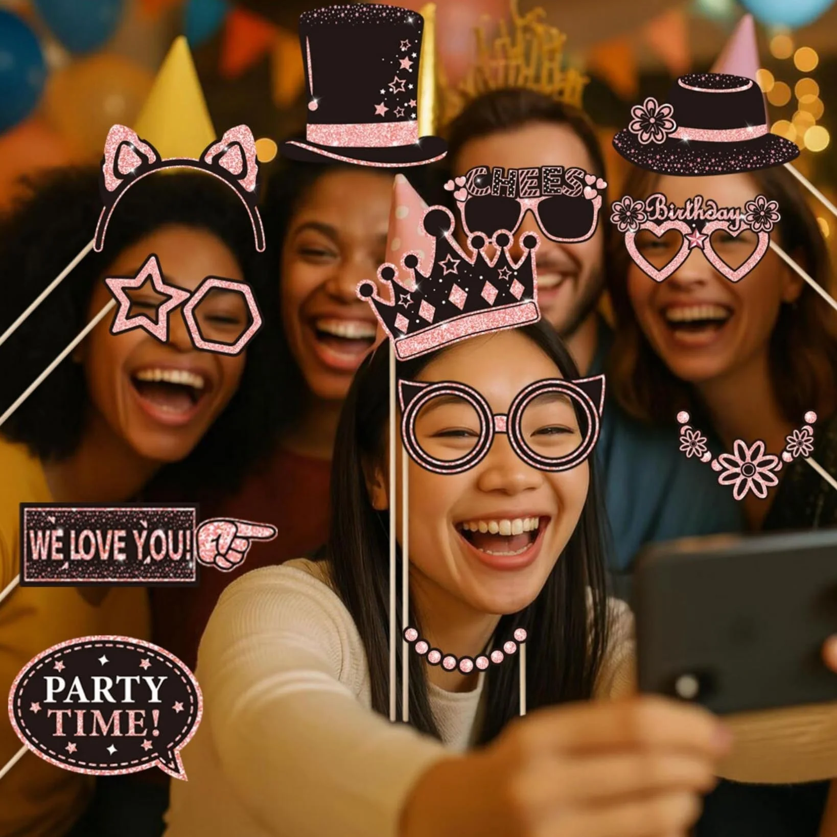 38 Pezzi Oggetti Scena per Cabine Fotografiche di Compleanno, Happy Birthday Party Favors Supplies Bday Party Decor, Photo Booth Funny Cute Selfie (Rosa)