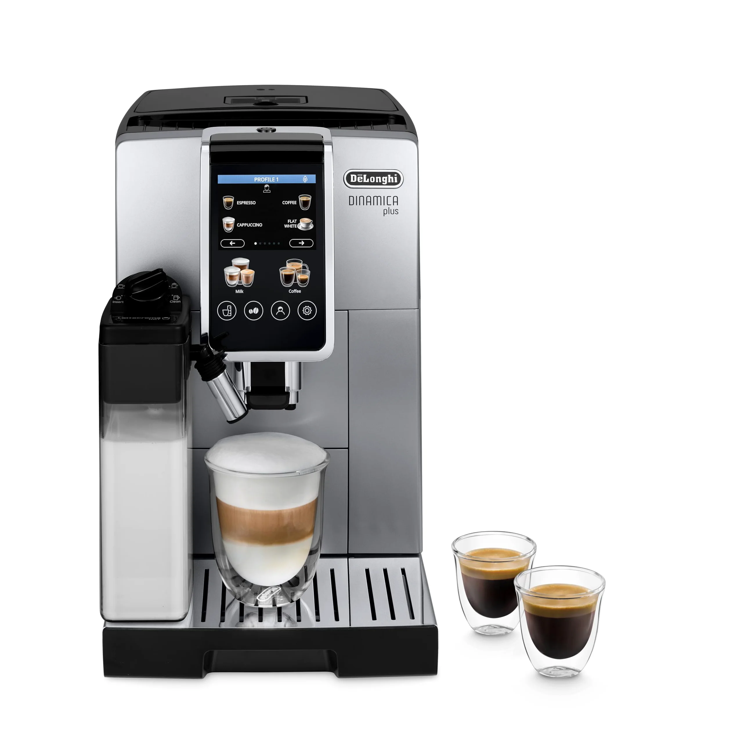 De'Longhi Dinamica Plus ECAM380.85.SB, Macchina Automatica Caffè in Chicchi, Macchina Cappuccino con Sistema LatteCrema Hot, Macchina Caffè dal Chicco alla Tazza, 24 Ricette, TFT 3,5", Argento/Nero