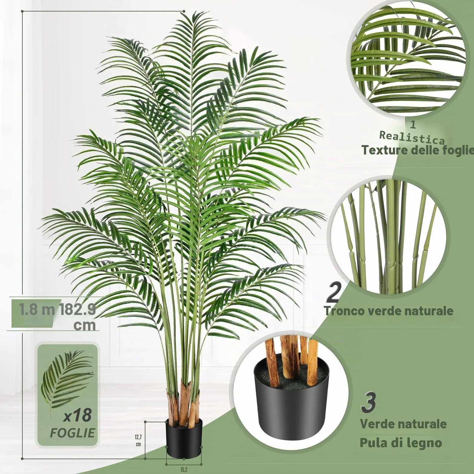 Palma Artificiale 180cm Pianta Finta da Interno Esterno Alta Decorazione