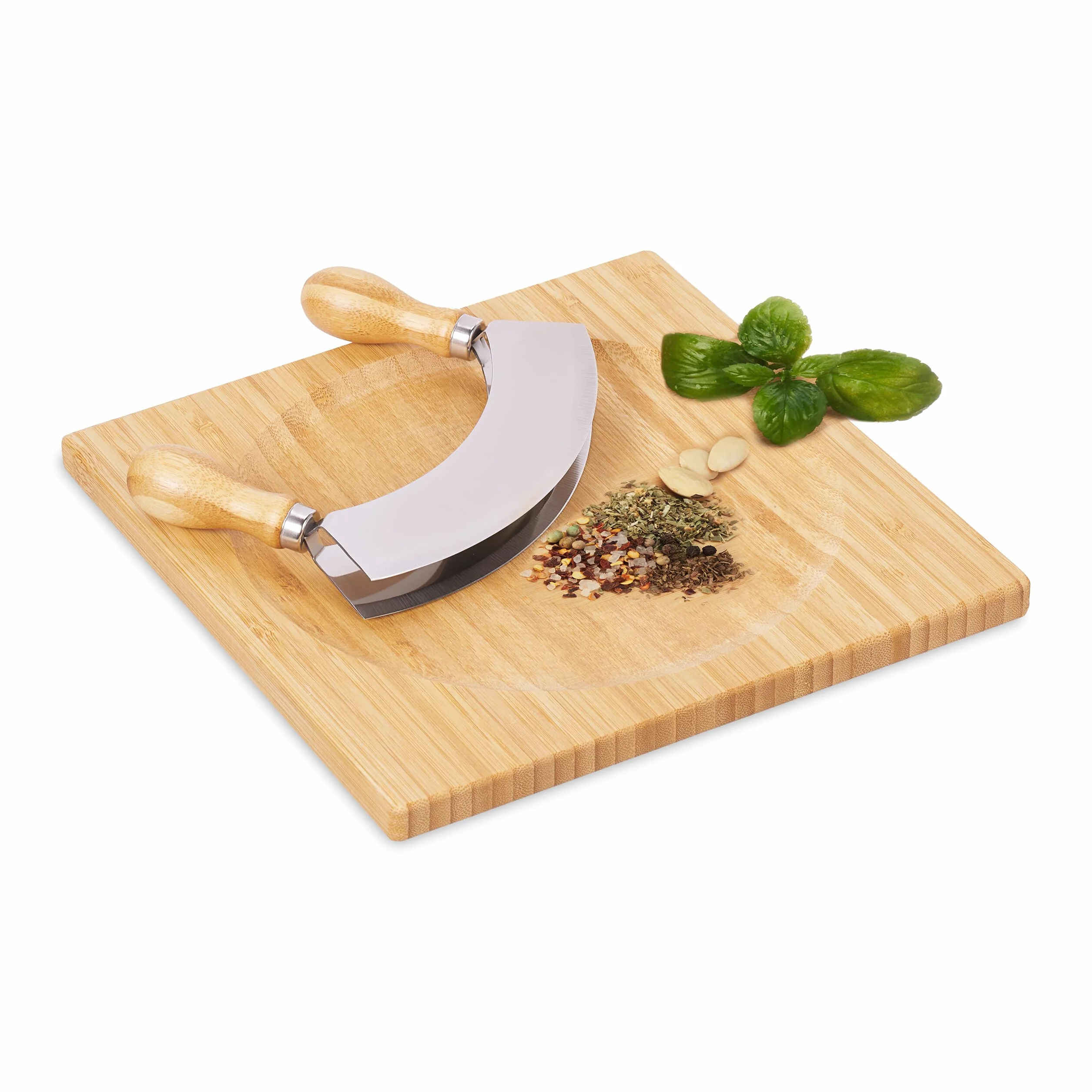 Relaxdays Mezzaluna con Tagliere 25 x 25 cm, Coltello a Doppia Lama Trita Erbe, Acciaio Inox e bambù, Naturale Argentato