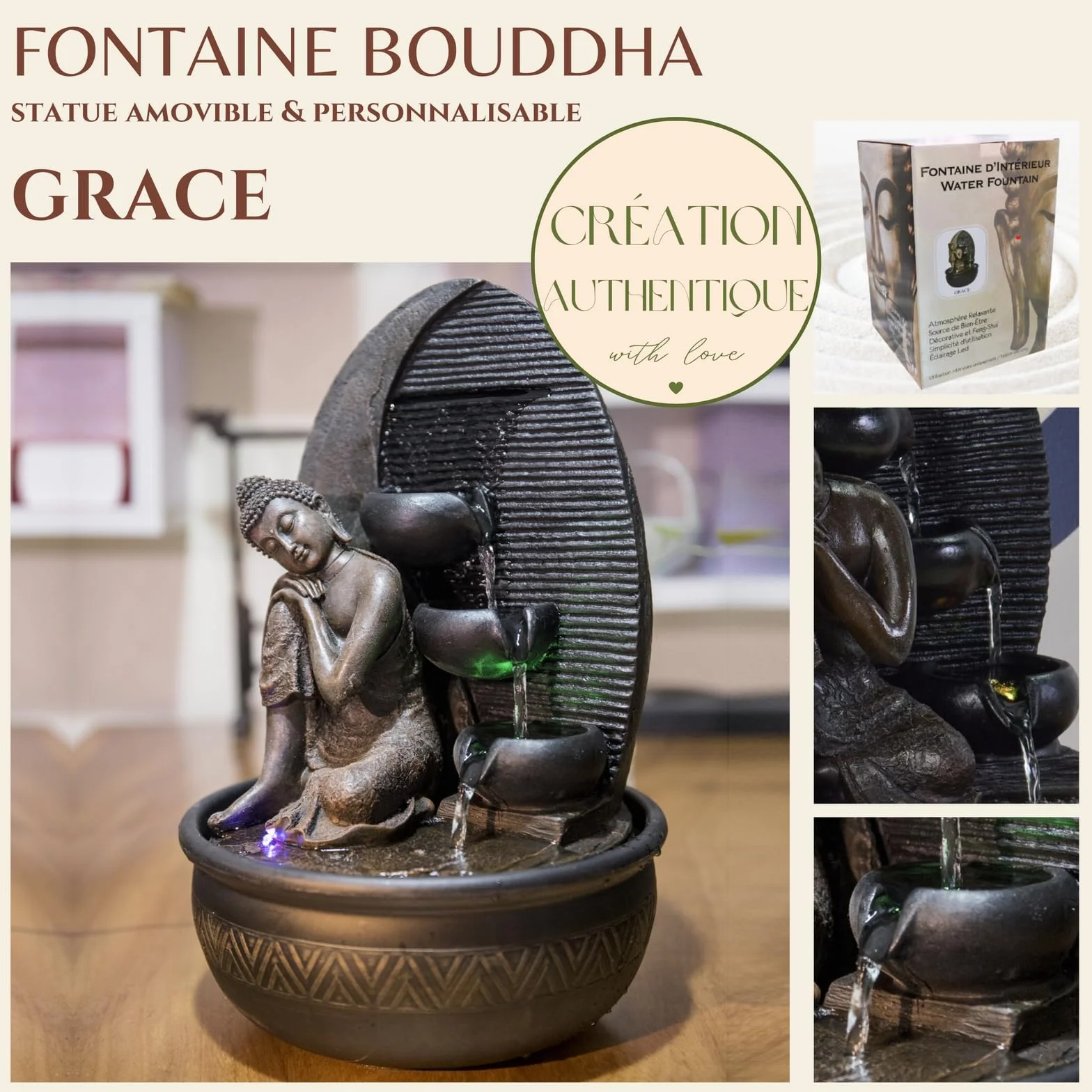 Zen'Light - Fontana Buddha Grace, in resina/bronzo, 26 x 26 x 40 cm