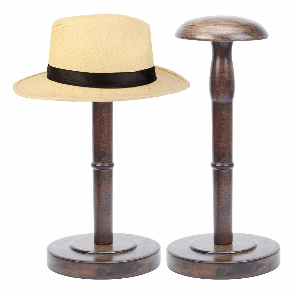 Portacappelli Da Tavolo Vintage Marrone, Supporto per Cappelli In Legno con Stelo Espositore per Parrucche