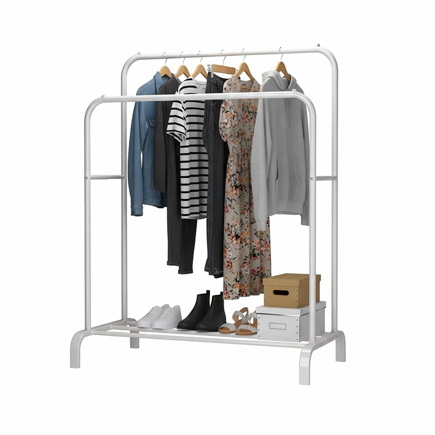 Baroni Home Stand Appendiabiti Metallo, Doppia Barra e Ripiano Inferiore, 110x55x145 cm, Bianco