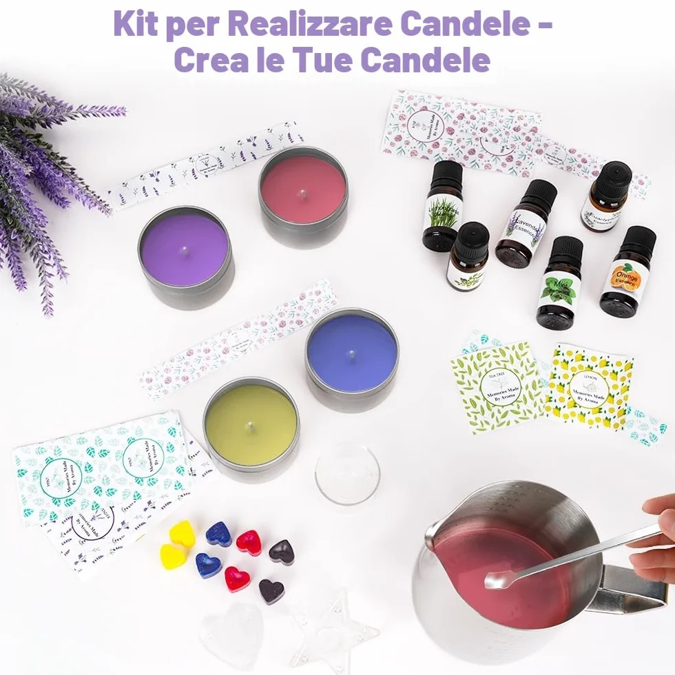 Set di candele fai da te con cera di soia 480 g, 9 barattoli, 8 colori, stoppini, kit regalo per adulti e principianti