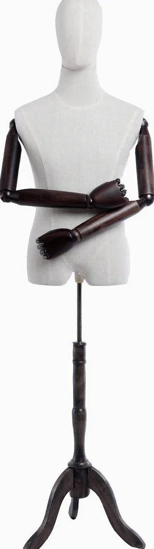 Manichino da sarto, fodera in lino, parte superiore del corpo e testa, braccia e dita in legno, regolabile a piacere, supporto in legno scuro (A-9-T-G maschio)