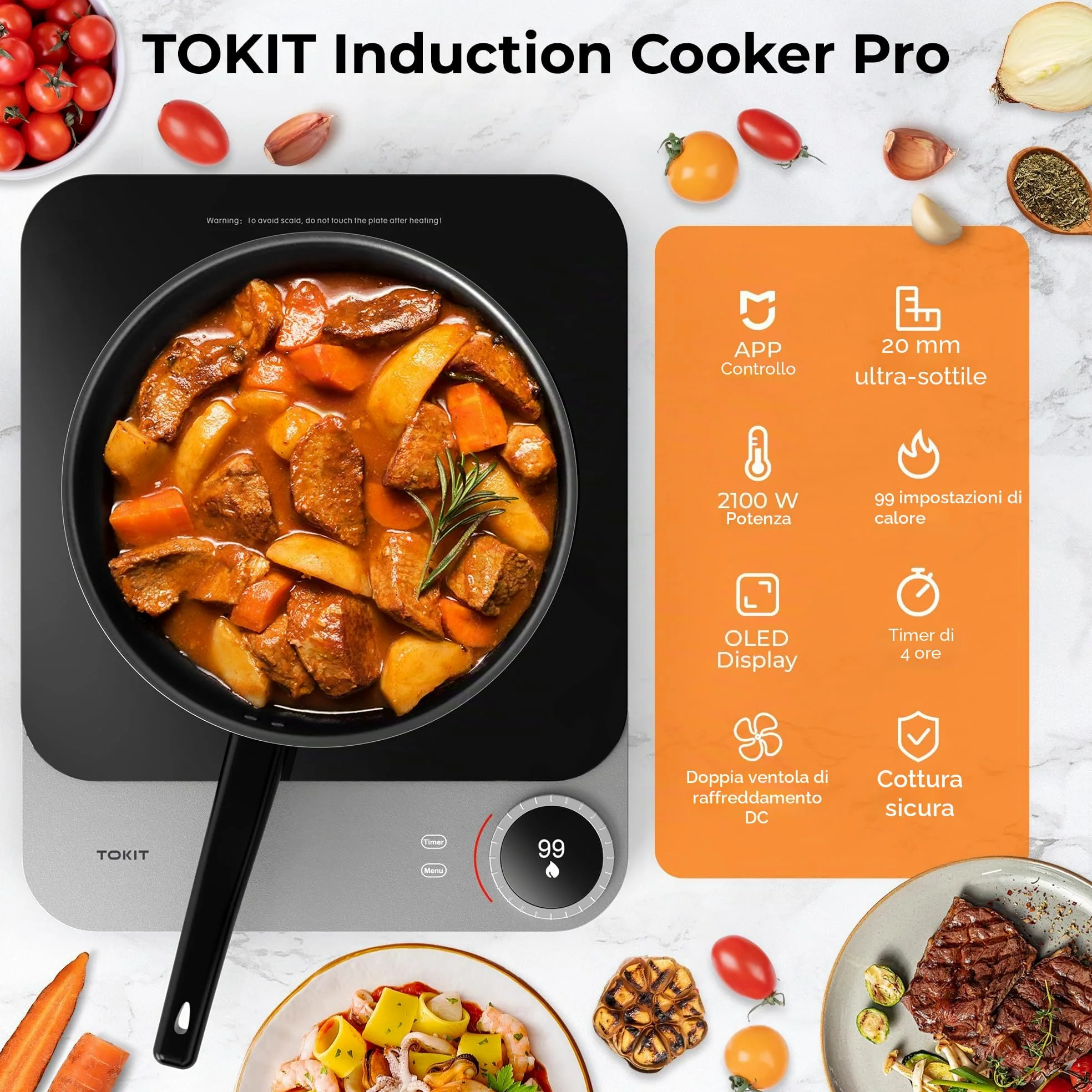 TOKIT Piastra Di Cottura A Induzione, Fuoco A 99 Livelli, Manopola+Controllo A Sfioramento,2100 W, Con Display Oled, Timer, Sensore Di Temperatura Ultra Sottile Da 20 Mm Controllo Tramite App
